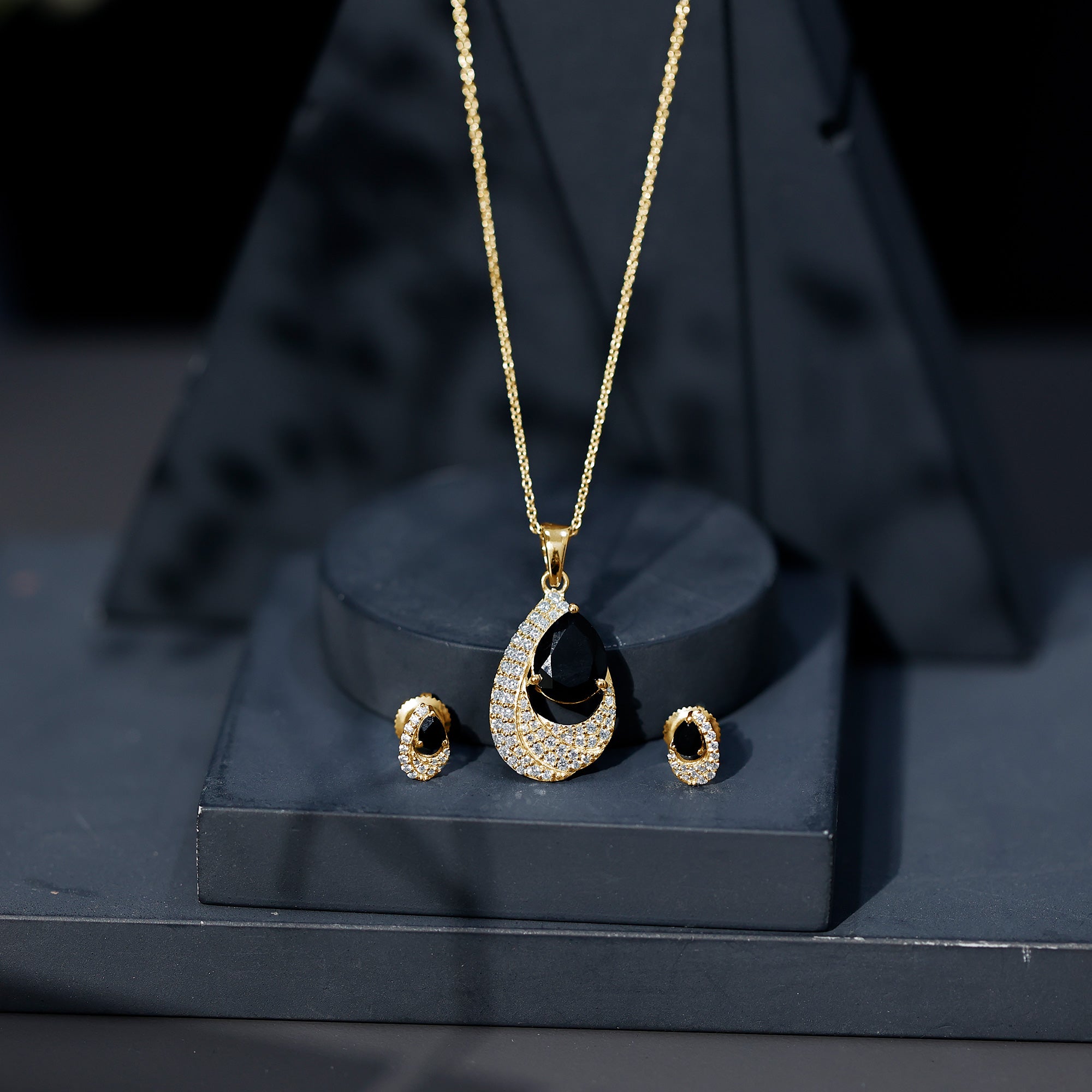 Natural 3 Carat Black Onyx Teardrop Necklace and Earrings Set with Certificate AAA - Rosec Jewels