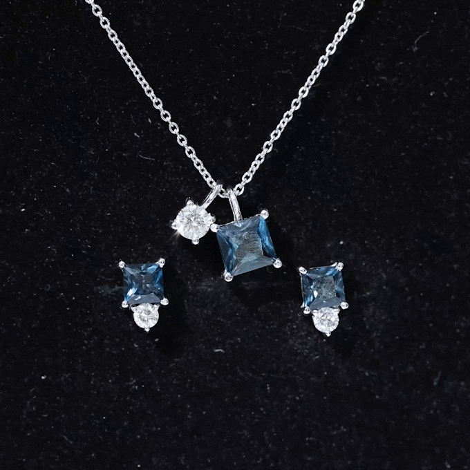 3 Carat London Blue Topaz and Moissanite Two Stone Pendant Earrings Set AAA - Rosec Jewels