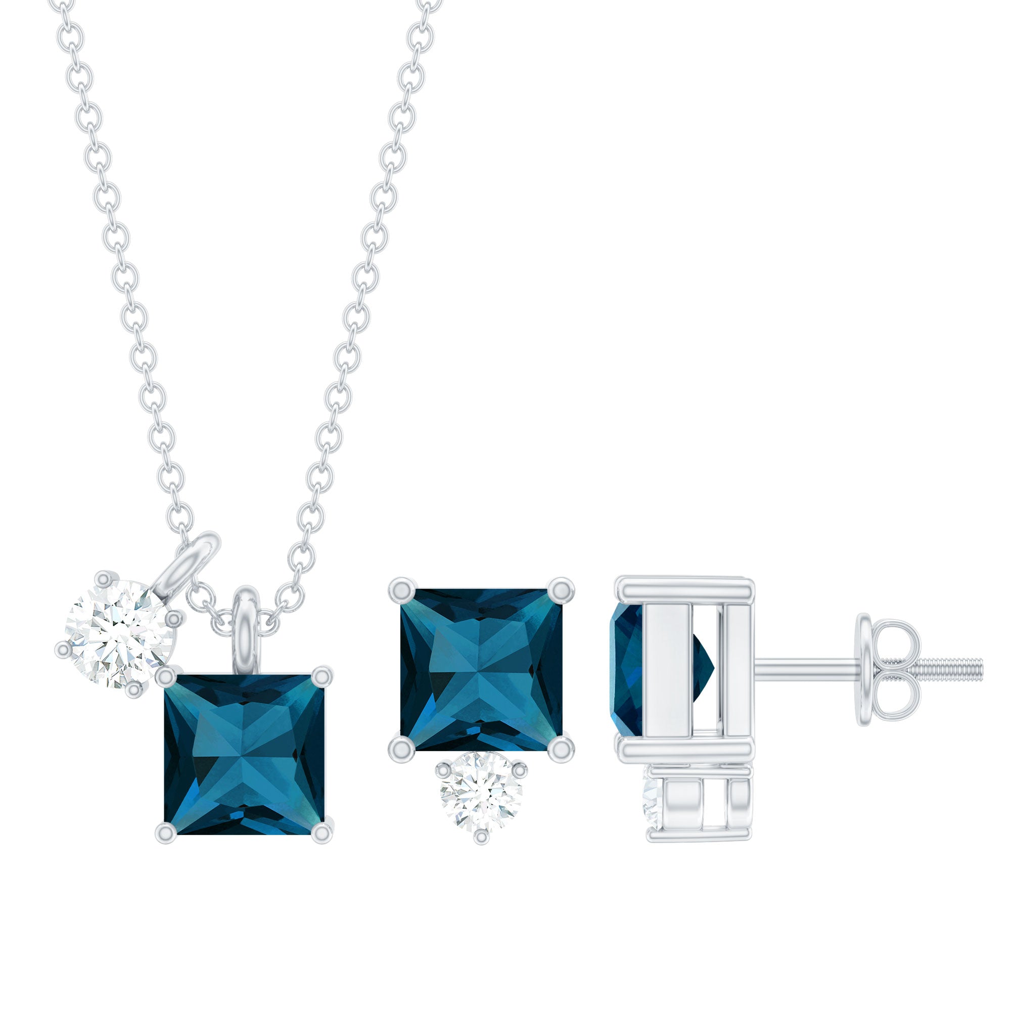 2.5 CT London Blue Topaz and Moissanite Two Stone Pendant Earrings Set