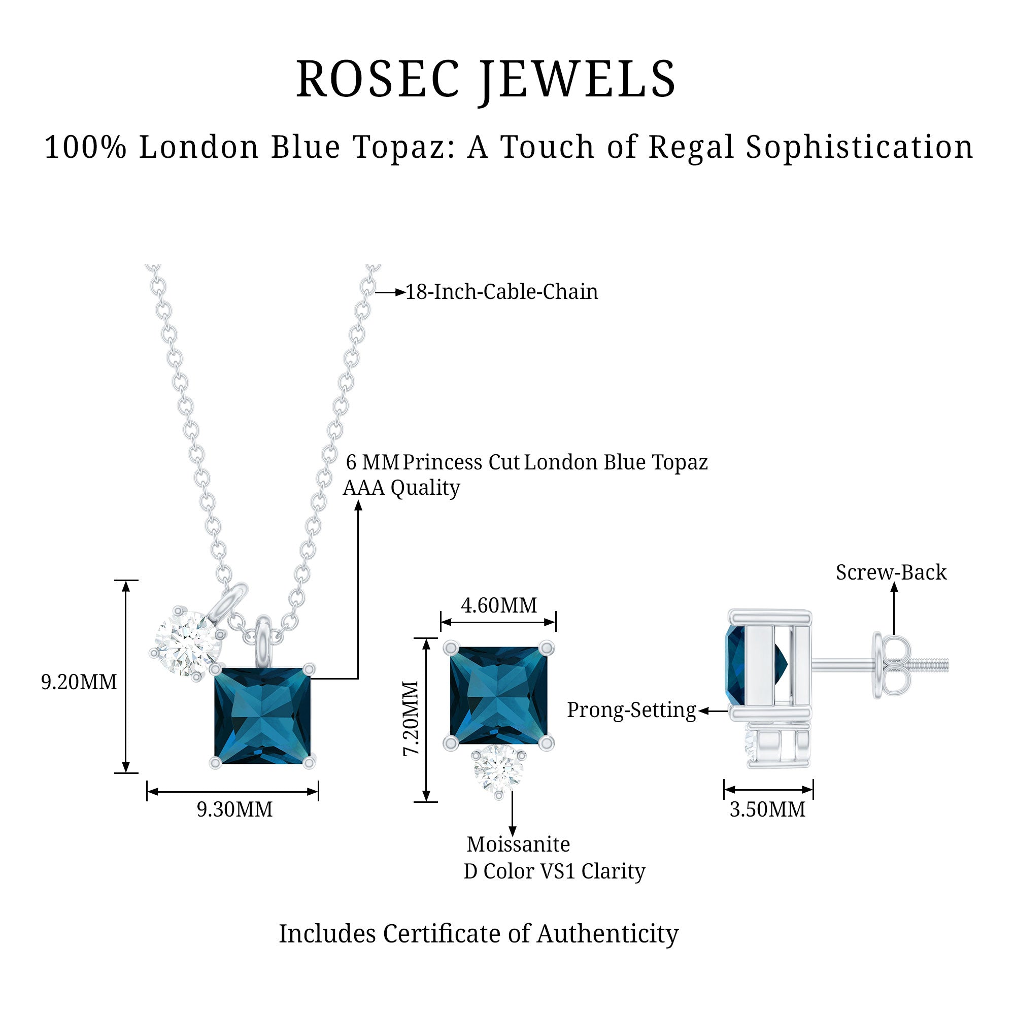 3 Carat London Blue Topaz and Moissanite Two Stone Pendant Earrings Set AAA - Rosec Jewels