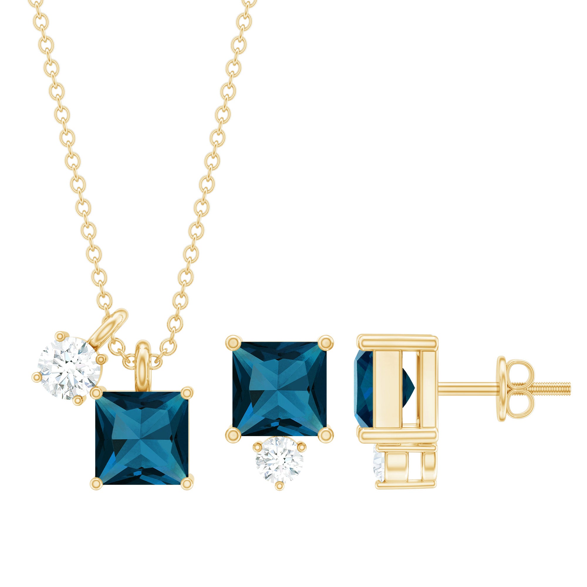 3 Carat London Blue Topaz and Moissanite Two Stone Pendant Earrings Set AAA - Rosec Jewels