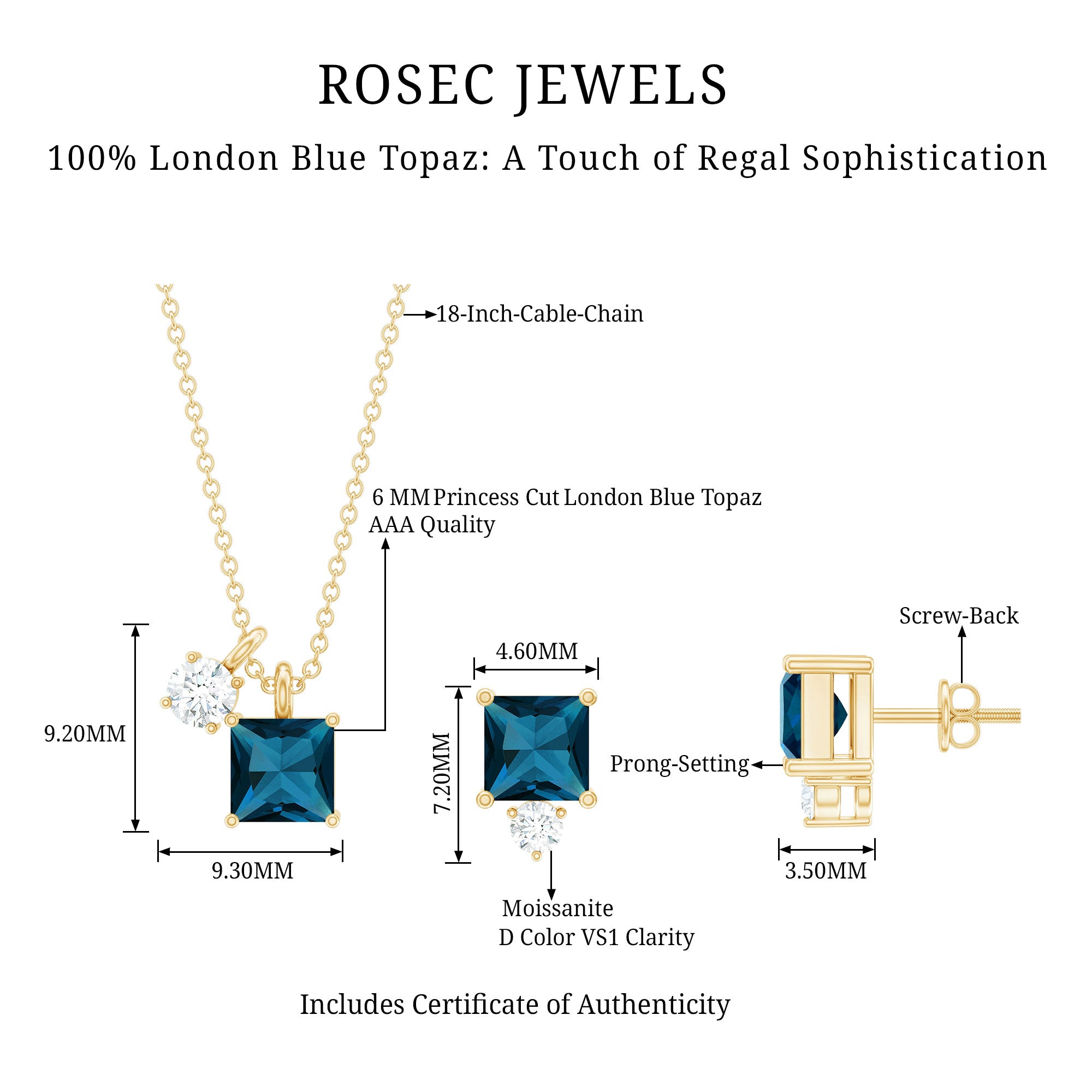 3 Carat London Blue Topaz and Moissanite Two Stone Pendant Earrings Set AAA - Rosec Jewels