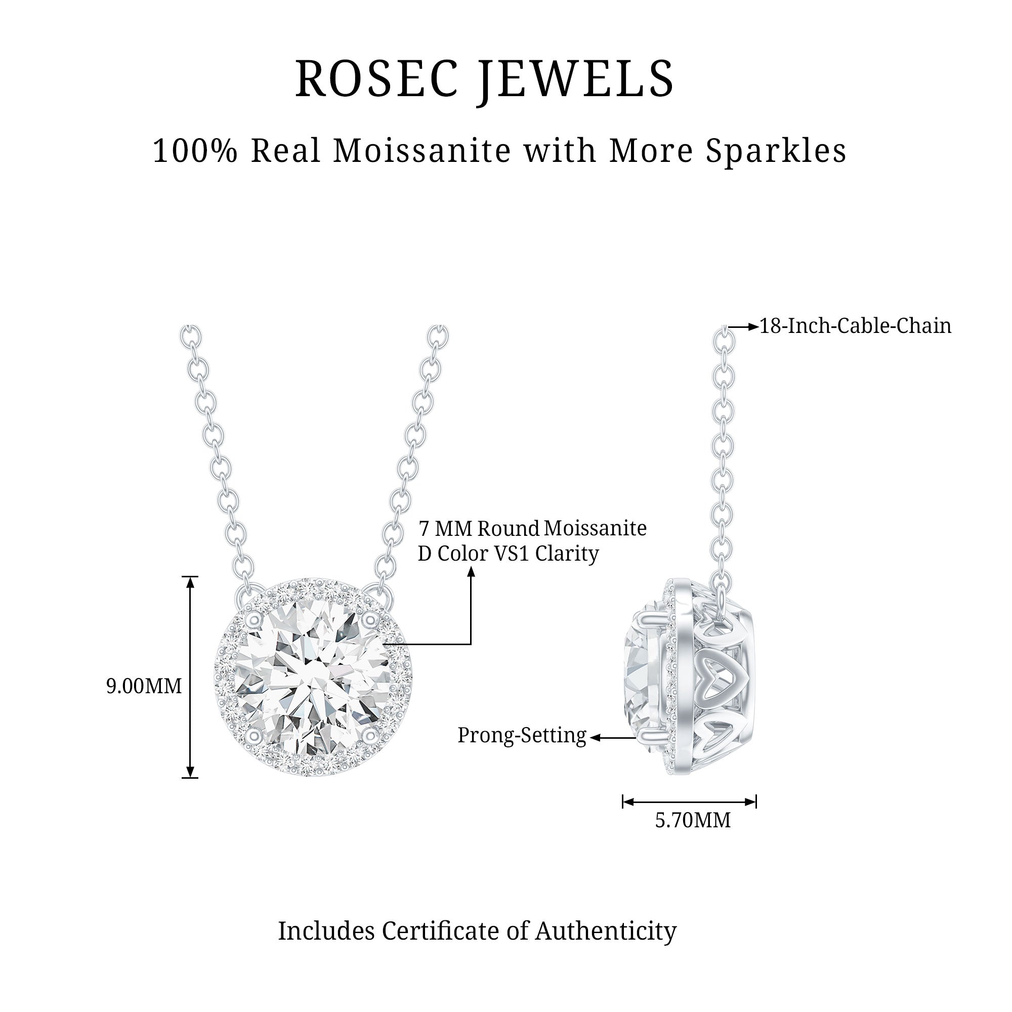 Certified Moissanite Halo Pendant Necklace in Prong Setting D-VS1 - Rosec Jewels