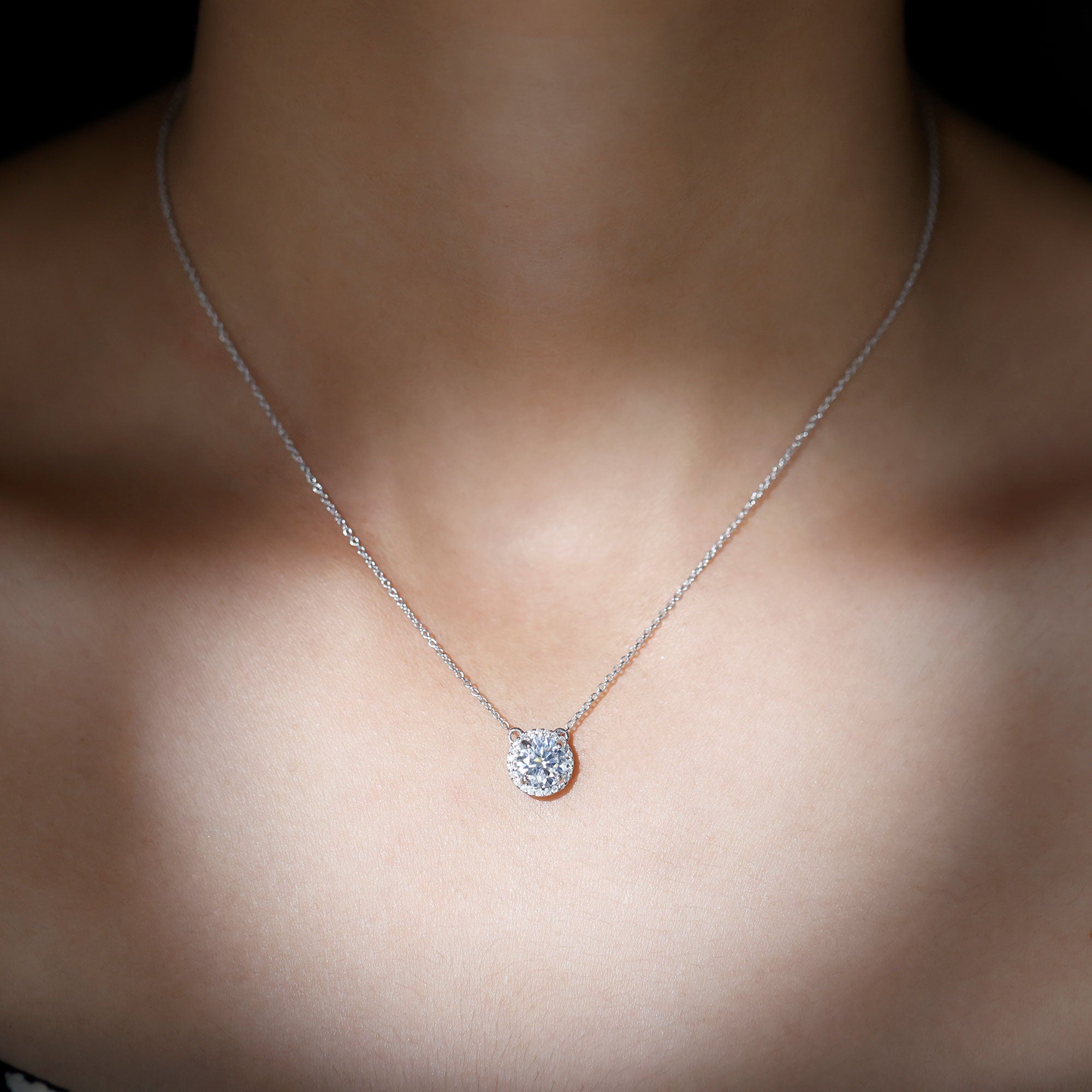 Certified Moissanite Halo Pendant Necklace in Prong Setting D-VS1 - Rosec Jewels