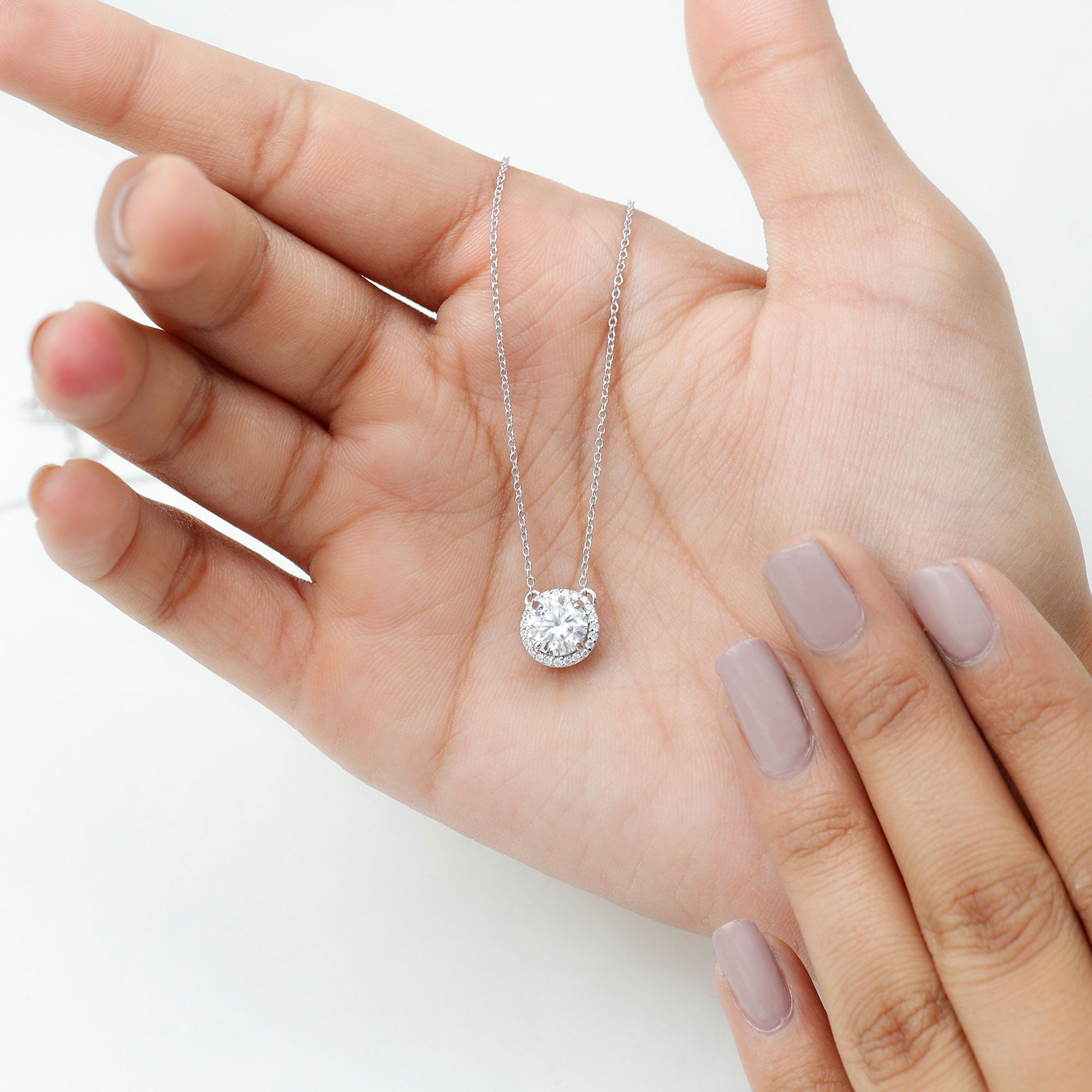 Certified Moissanite Halo Pendant Necklace in Prong Setting D-VS1 - Rosec Jewels