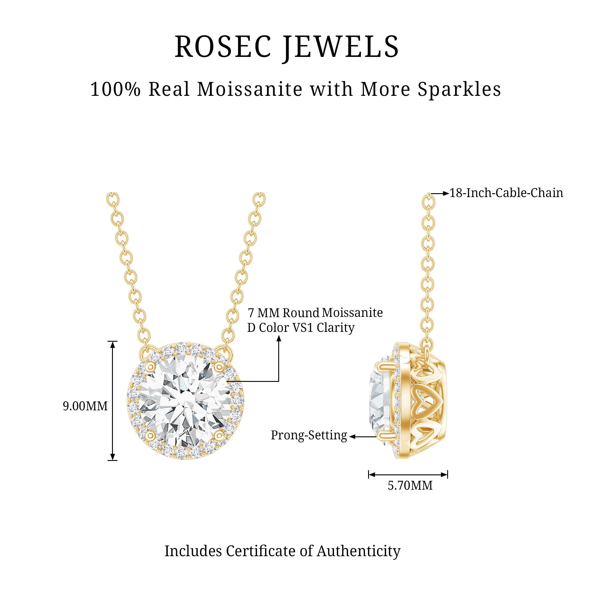 Certified Moissanite Halo Pendant Necklace in Prong Setting D-VS1 - Rosec Jewels