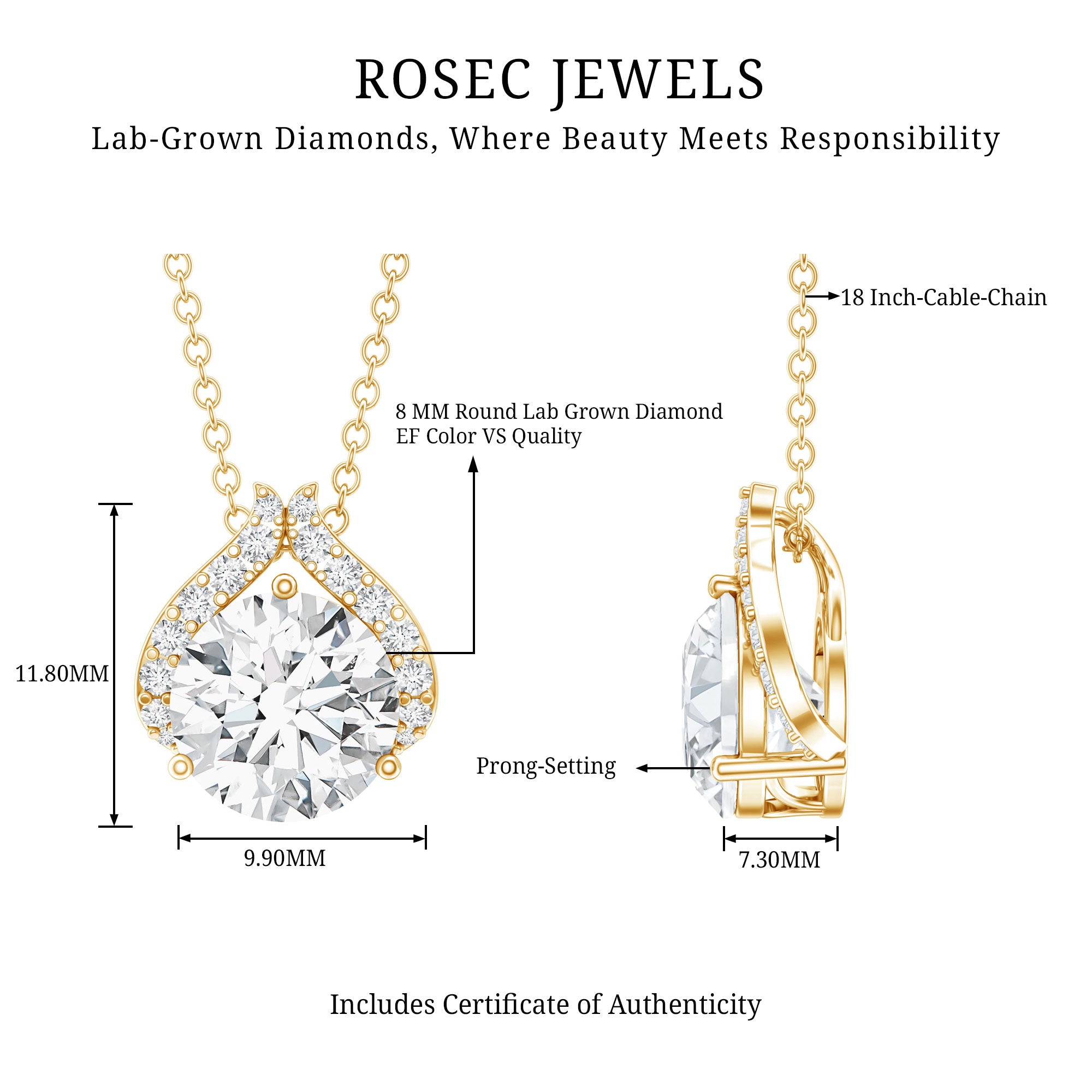 Certified 8 MM Round Lab Grown Diamond Bridal Necklace Lab - ( EF-VS ) - Rosec Jewels