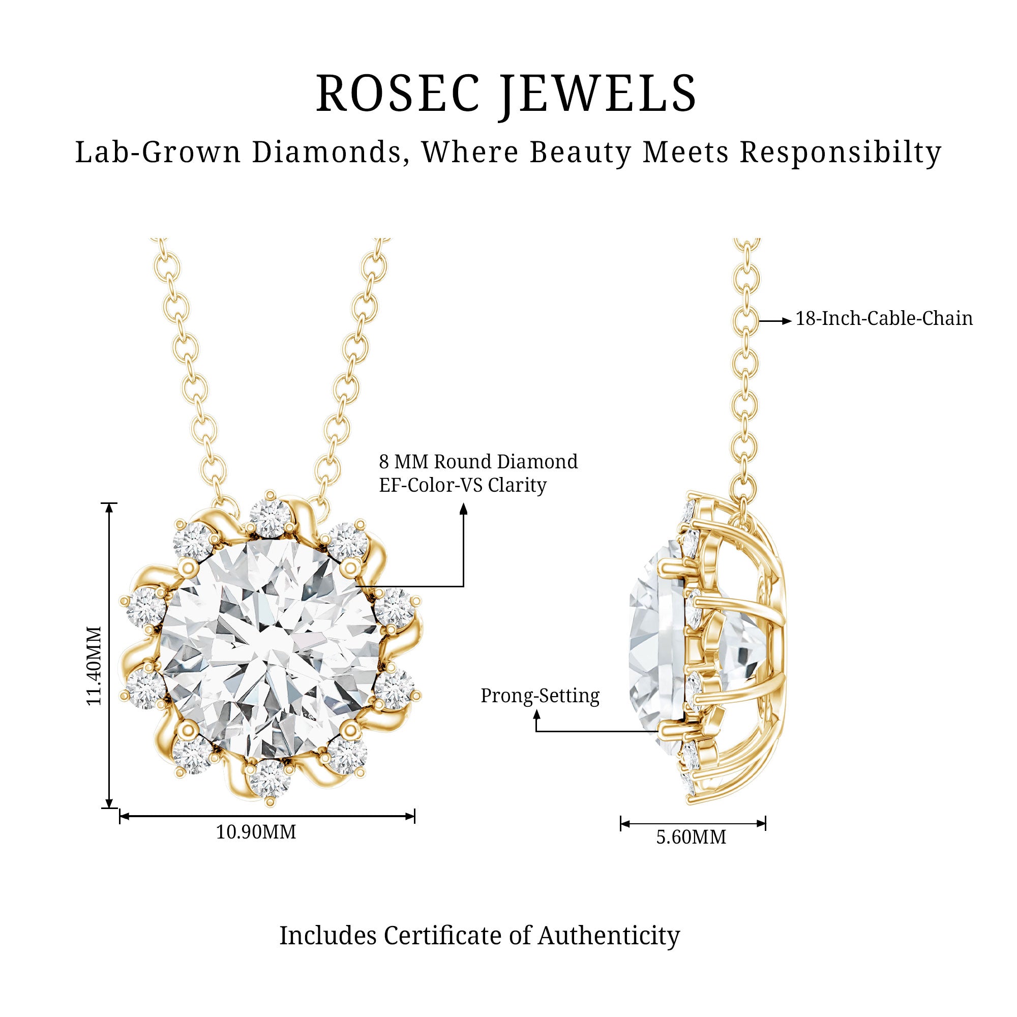 8 MM Round Cut Lab Grown Diamond Starburst Necklace Lab - ( EF-VS ) - Rosec Jewels