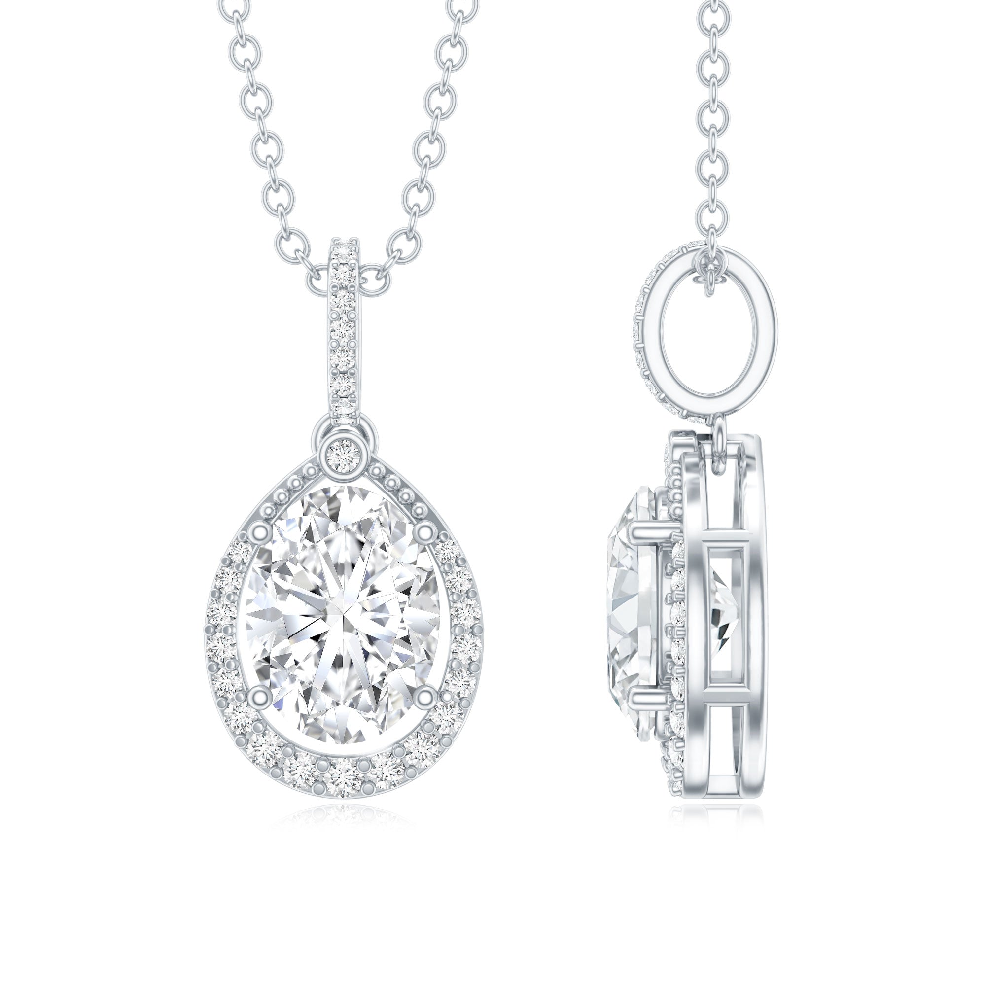6X8 MM Oval Lab Grown Diamond Teardrop Halo Necklace For Women Lab - ( EF-VS ) - Rosec Jewels