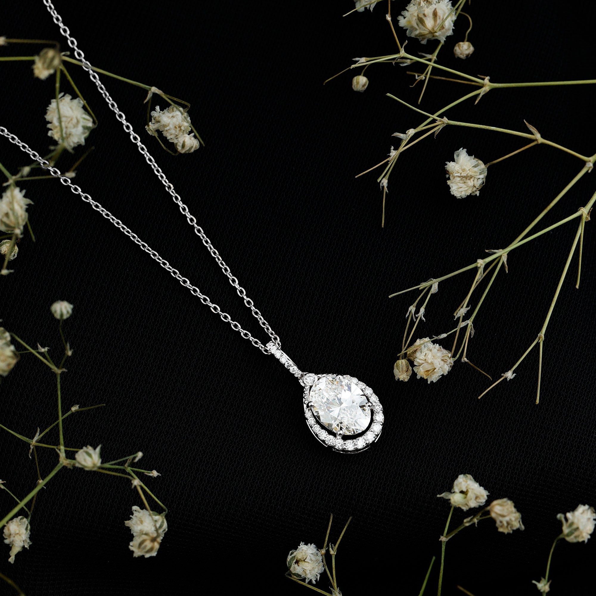 6X8 MM Oval Lab Grown Diamond Teardrop Halo Necklace For Women Lab - ( EF-VS ) - Rosec Jewels