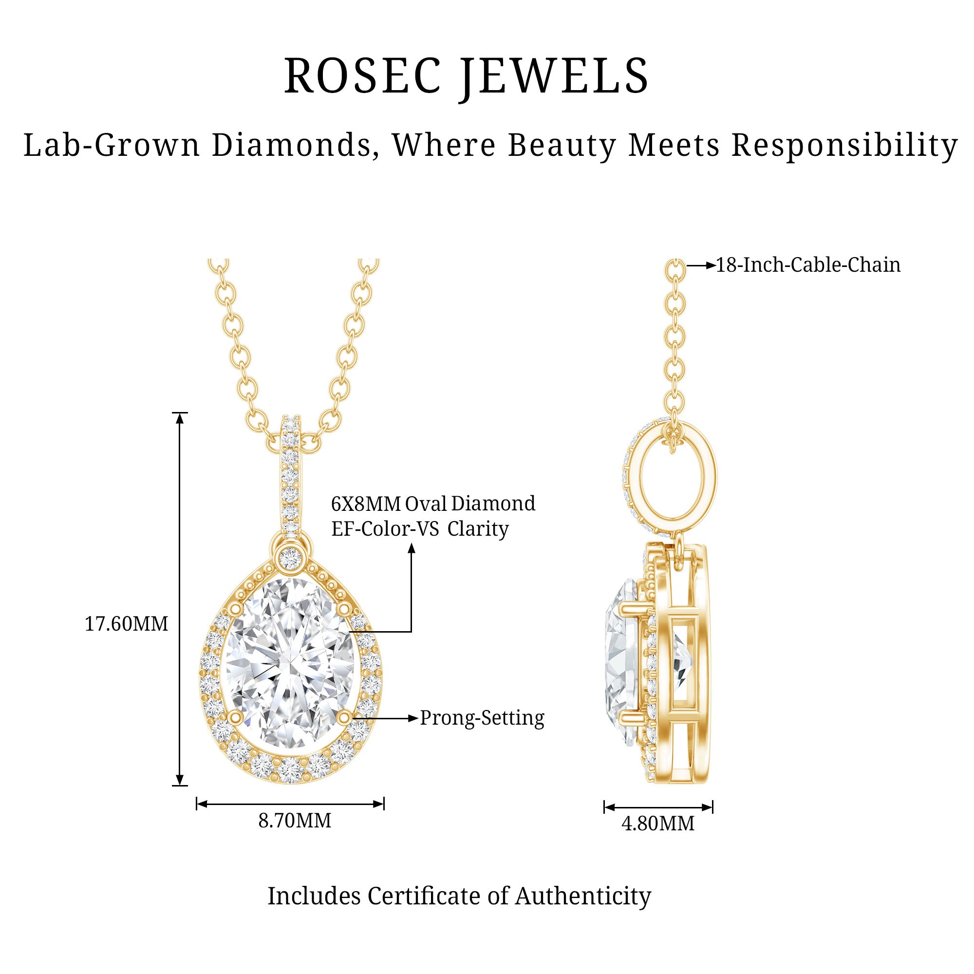 6X8 MM Oval Lab Grown Diamond Teardrop Halo Necklace For Women Lab - ( EF-VS ) - Rosec Jewels