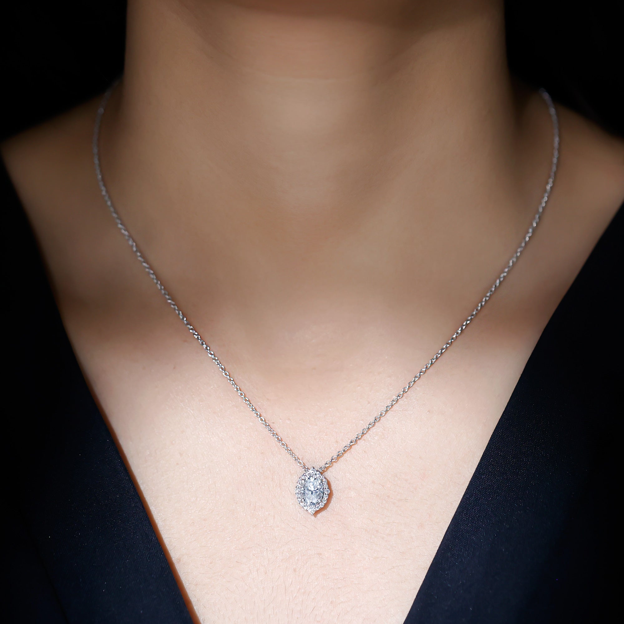6X8 MM Oval Shaped Lab Grown Diamond Wedding Necklace With Halo Lab - ( EF-VS ) - Rosec Jewels