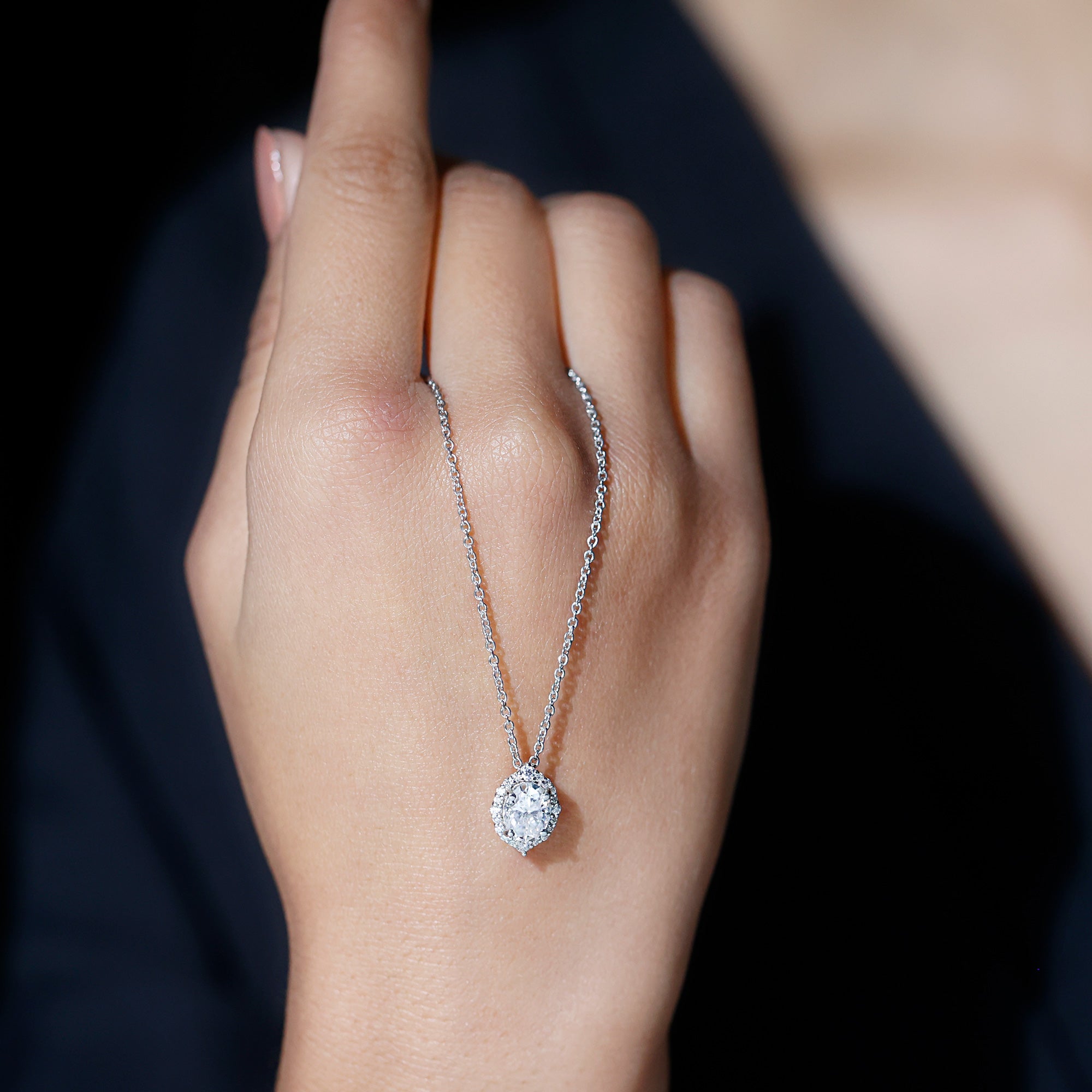 6X8 MM Oval Shaped Lab Grown Diamond Wedding Necklace With Halo Lab - ( EF-VS ) - Rosec Jewels