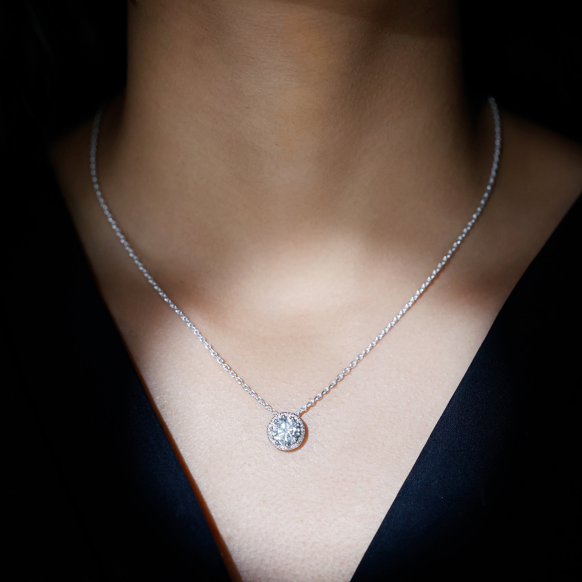 Certified 8 MM Circle Lab Grown Diamond Necklace With Halo Lab - ( EF-VS ) - Rosec Jewels