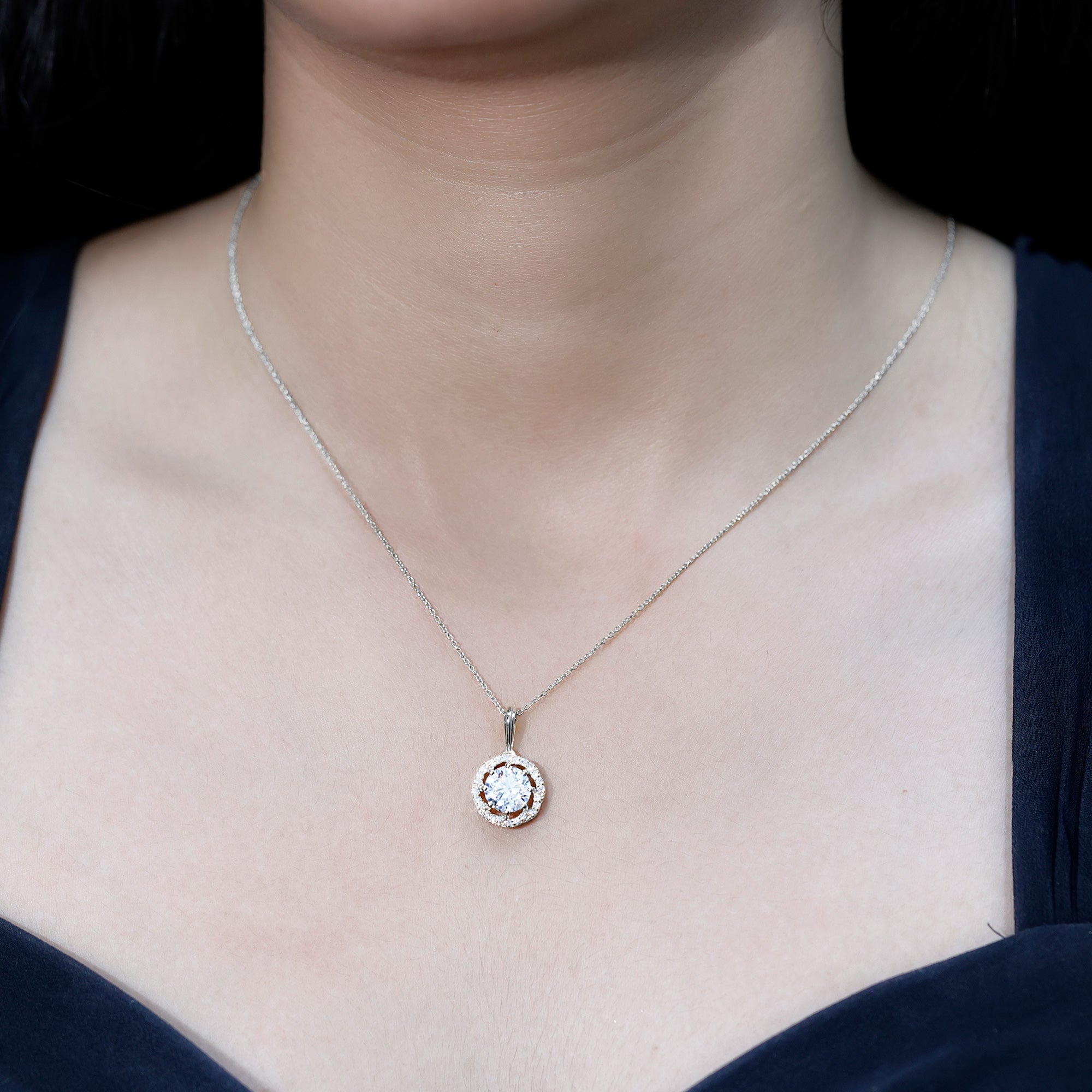 Certified 8 MM Lab Grown Diamond Halo Necklace Lab - ( EF-VS ) - Rosec Jewels