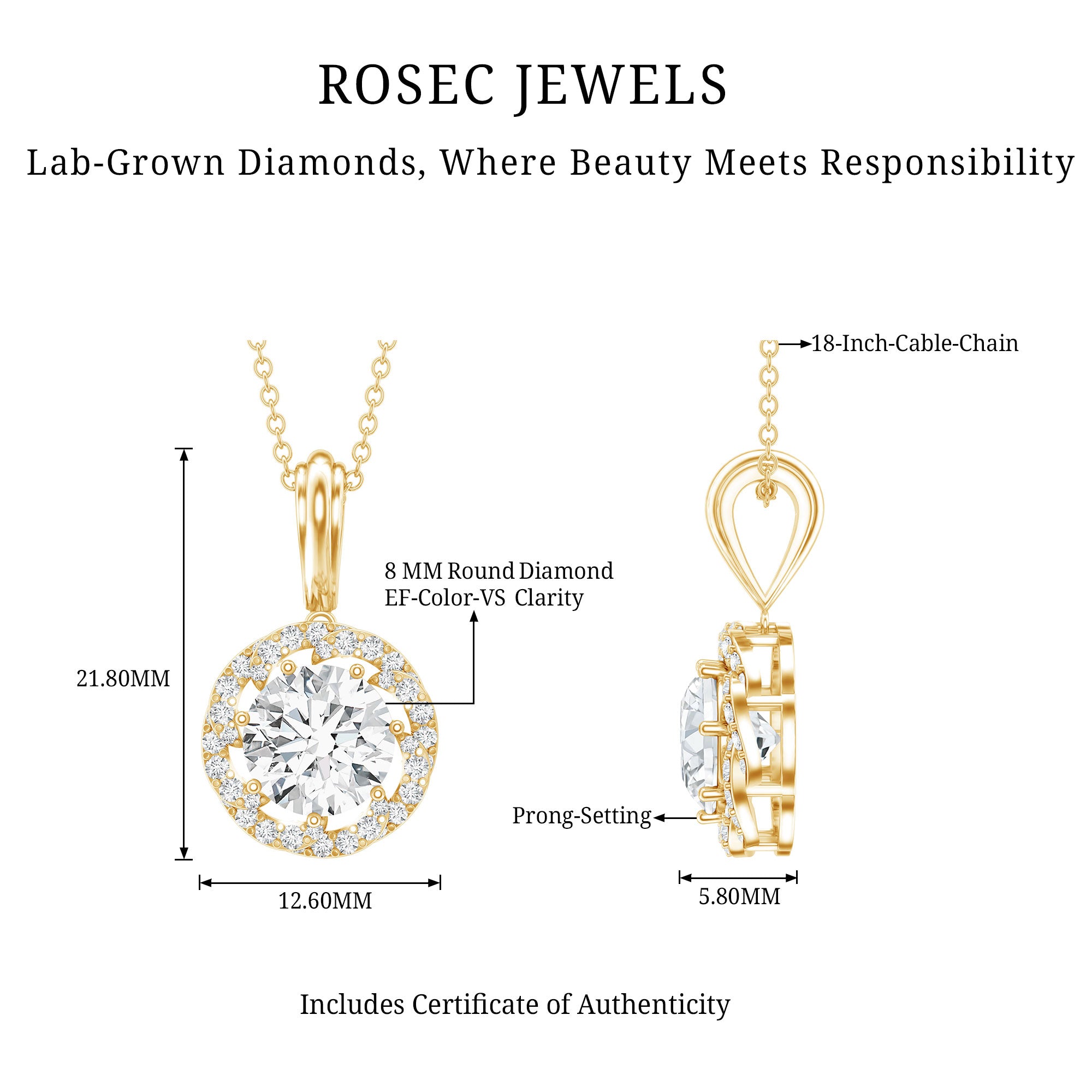 Certified 8 MM Lab Grown Diamond Halo Necklace Lab - ( EF-VS ) - Rosec Jewels