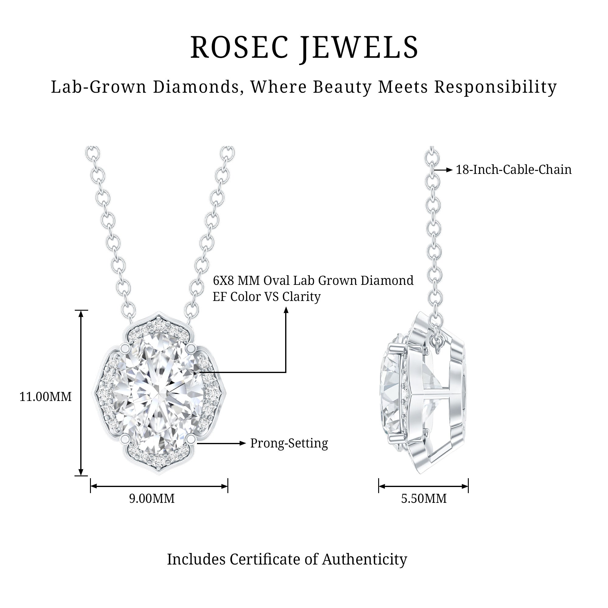6X8 MM Oval Shape Lab Grown Diamond Vintage Flower Necklace Lab - ( EF-VS ) - Rosec Jewels