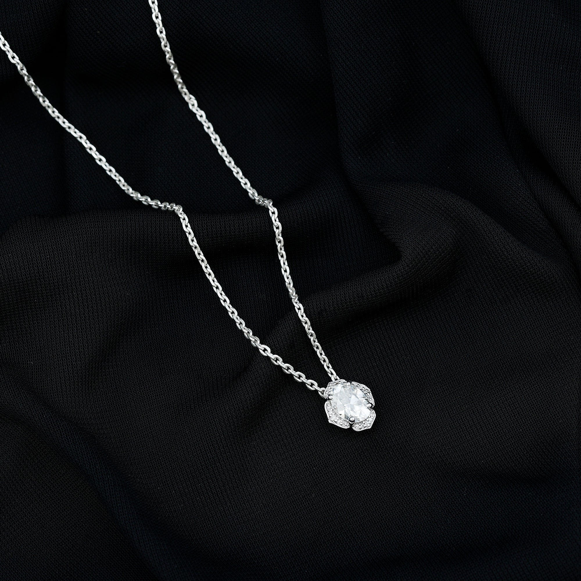 6X8 MM Oval Shape Lab Grown Diamond Vintage Flower Necklace Lab - ( EF-VS ) - Rosec Jewels