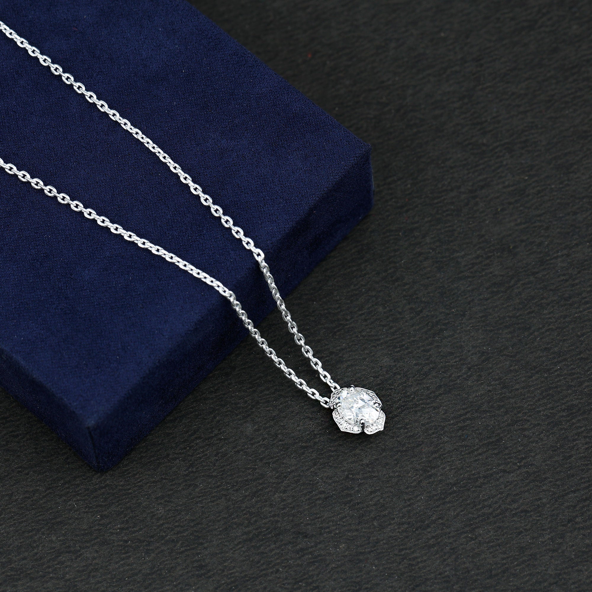6X8 MM Oval Shape Lab Grown Diamond Vintage Flower Necklace Lab - ( EF-VS ) - Rosec Jewels