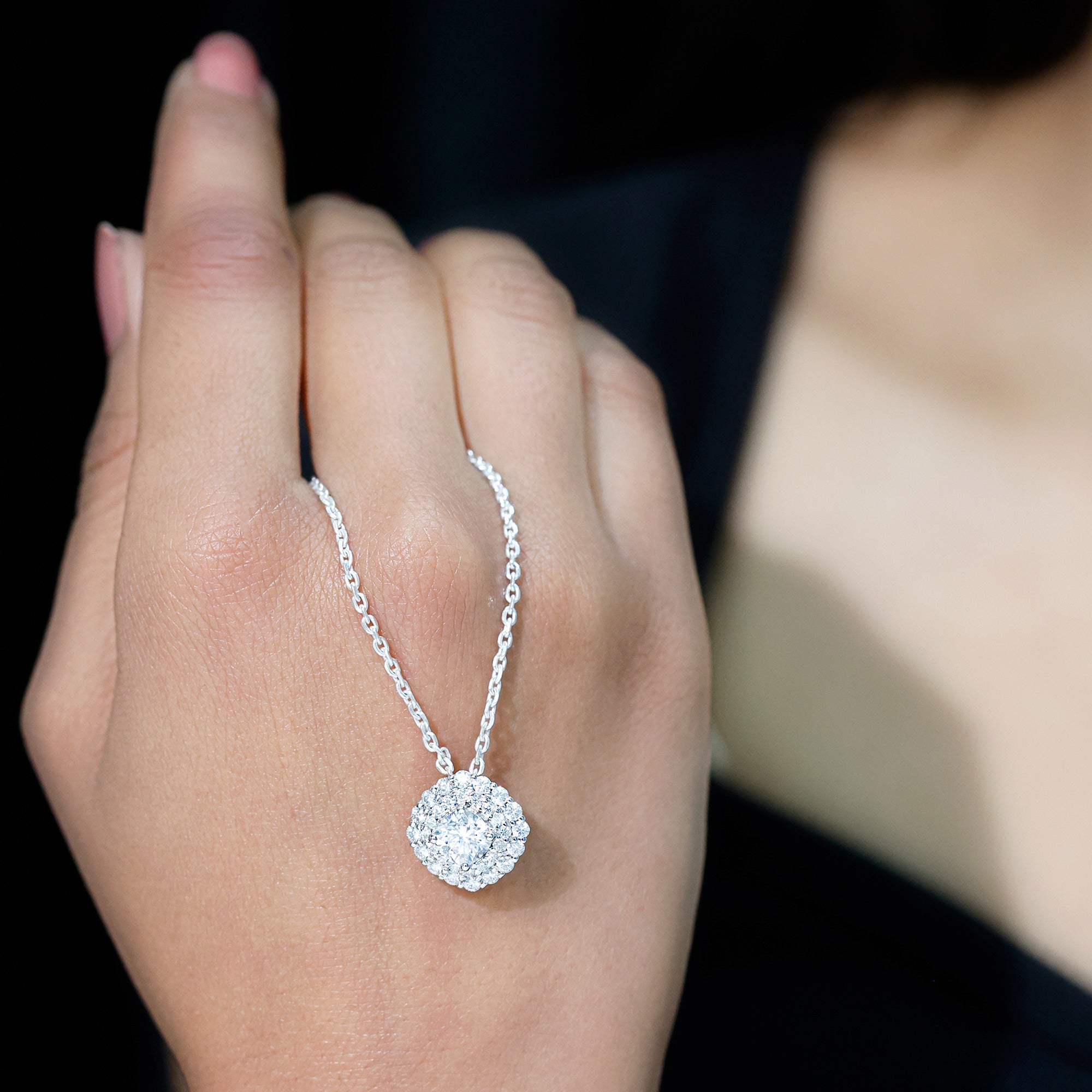 Lab Grown Round Diamond Double Halo Bridal Necklace With Accent Lab - ( EF-VS ) - Rosec Jewels