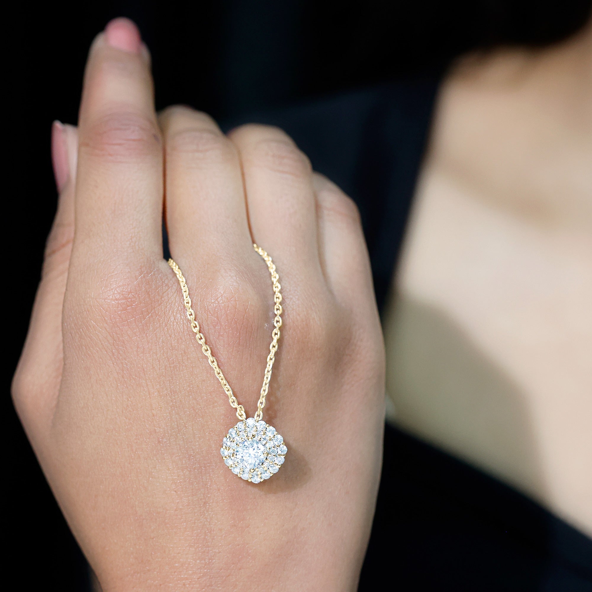 Lab Grown Round Diamond Double Halo Bridal Necklace With Accent Lab - ( EF-VS ) - Rosec Jewels