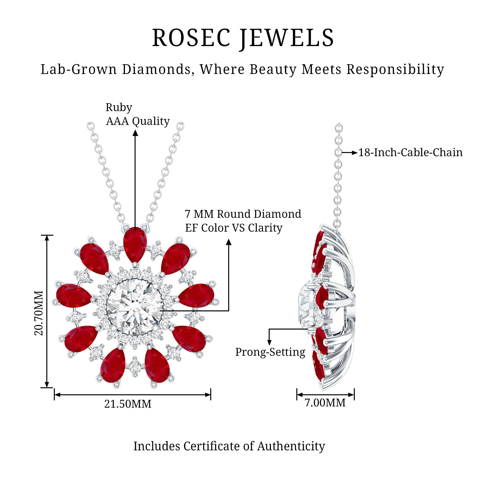 7 MM Lab Grown Diamond Flower Statement Necklace with Ruby Lab - ( EF-VS ) - Rosec Jewels