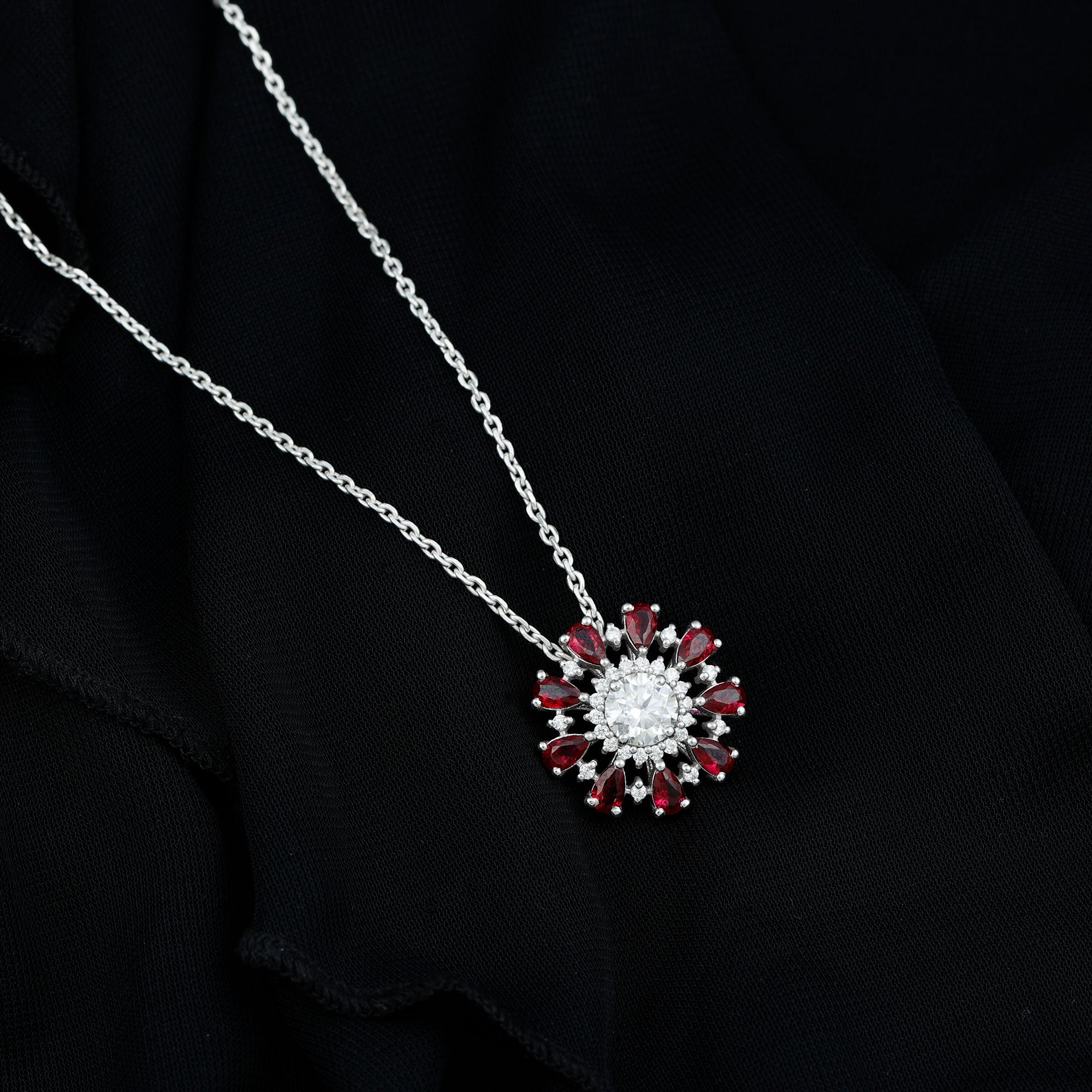 7 MM Lab Grown Diamond Flower Statement Necklace with Ruby Lab - ( EF-VS ) - Rosec Jewels