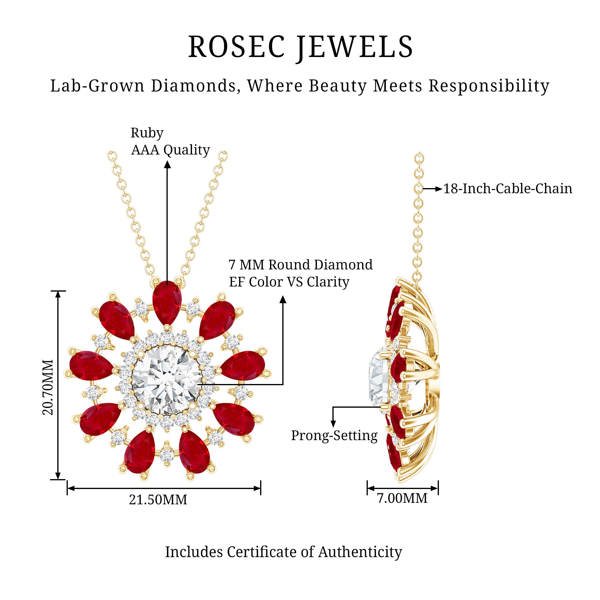 7 MM Lab Grown Diamond Flower Statement Necklace with Ruby Lab - ( EF-VS ) - Rosec Jewels