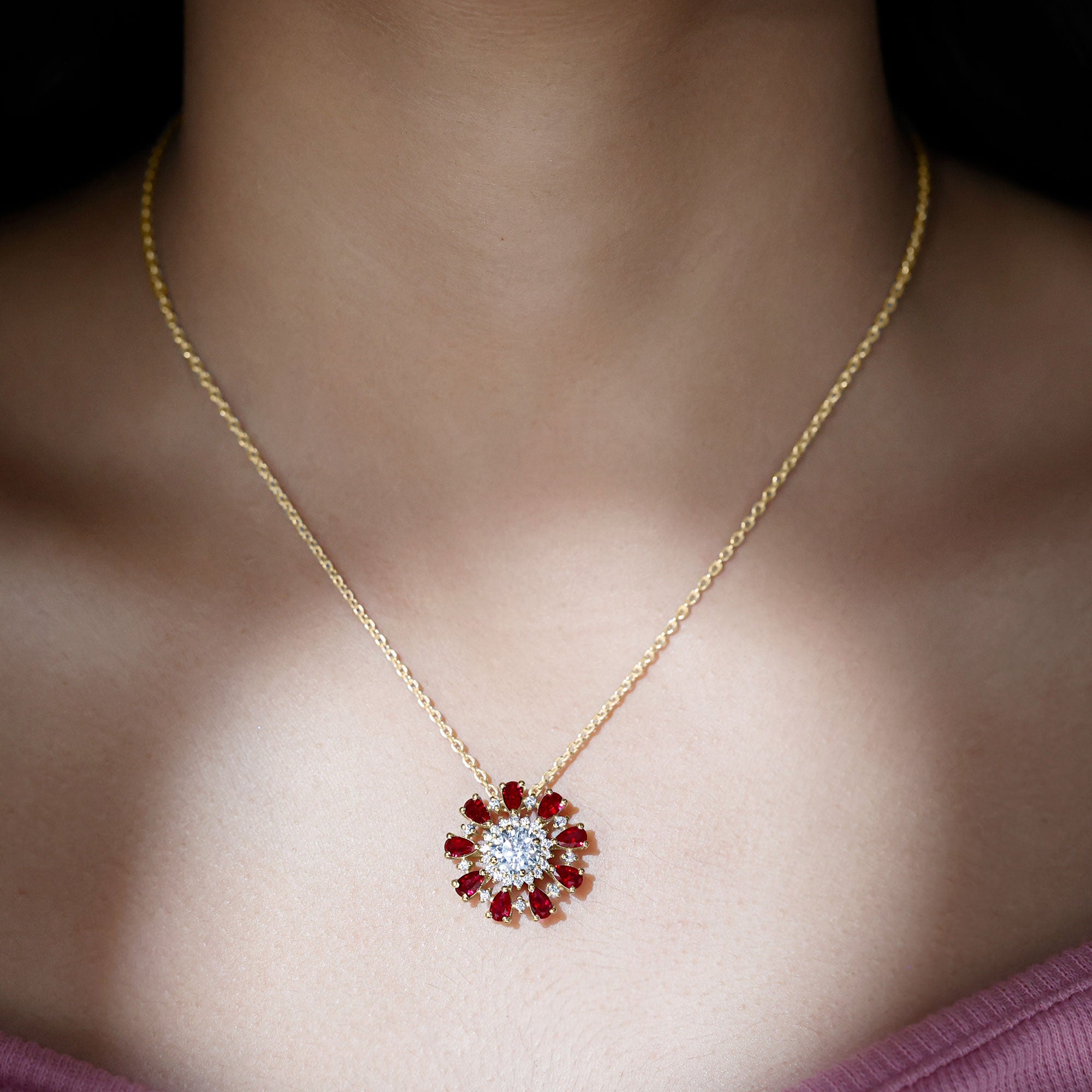 7 MM Lab Grown Diamond Flower Statement Necklace with Ruby Lab - ( EF-VS ) - Rosec Jewels