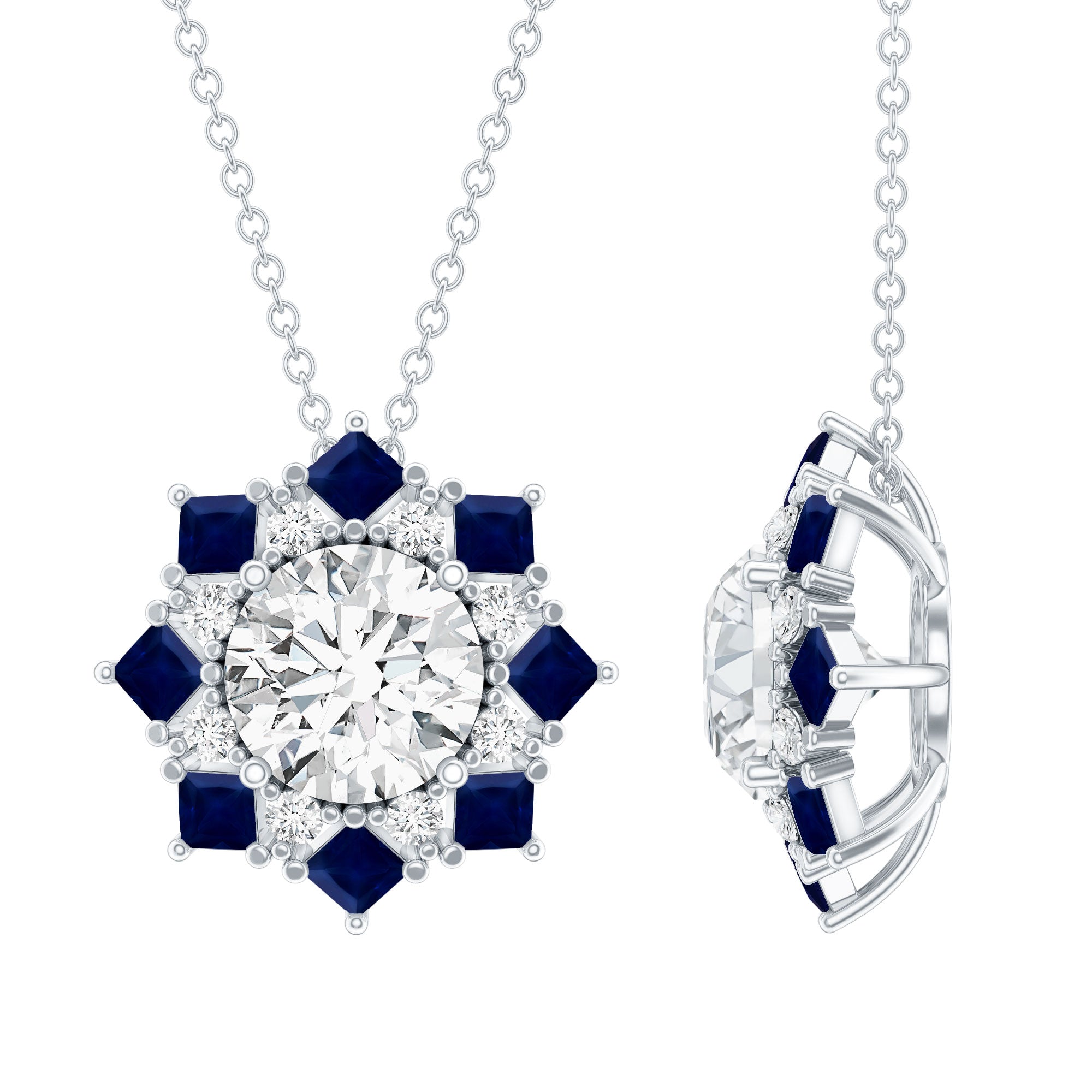 Lab Grown Diamond Art Deco Necklace With Blue Sapphire