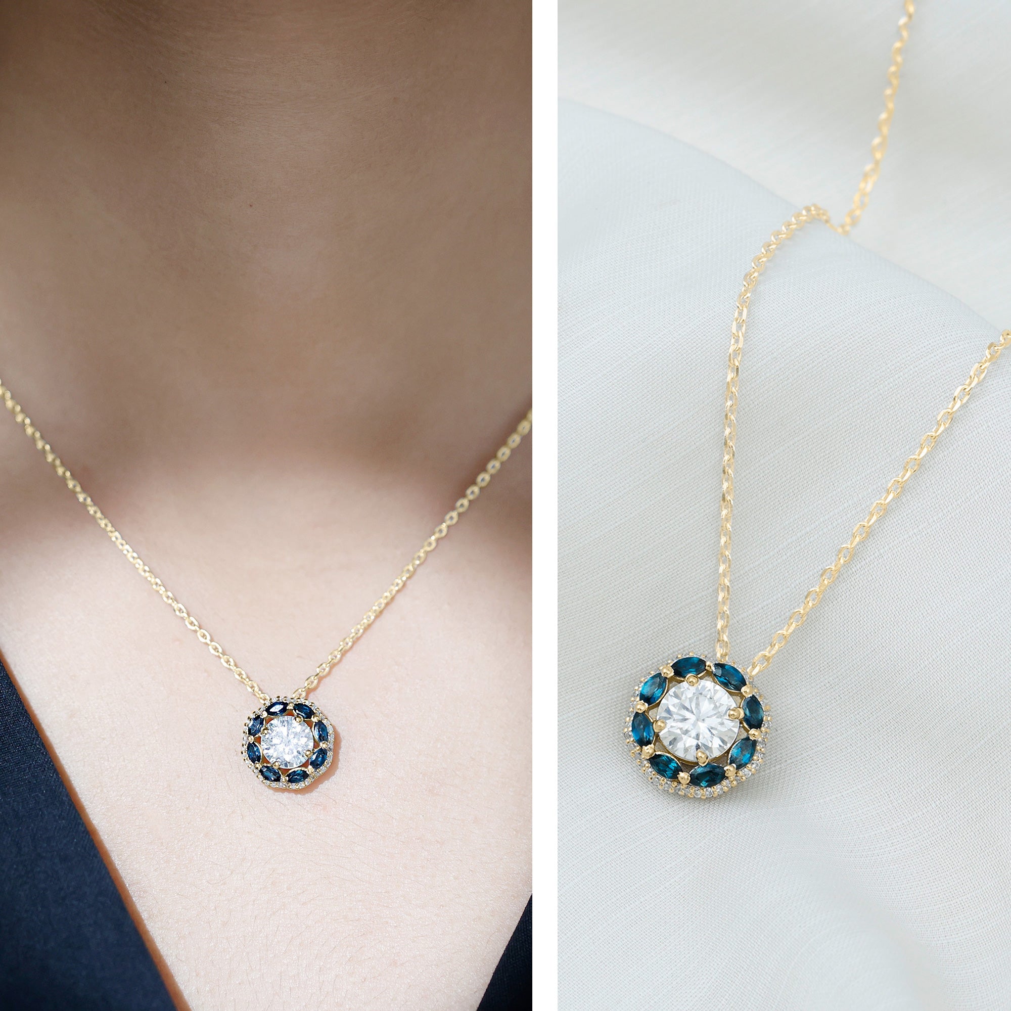 2 Carat Lab Grown Diamond Halo Necklace With London Blue Topaz Lab - ( EF-VS ) - Rosec Jewels