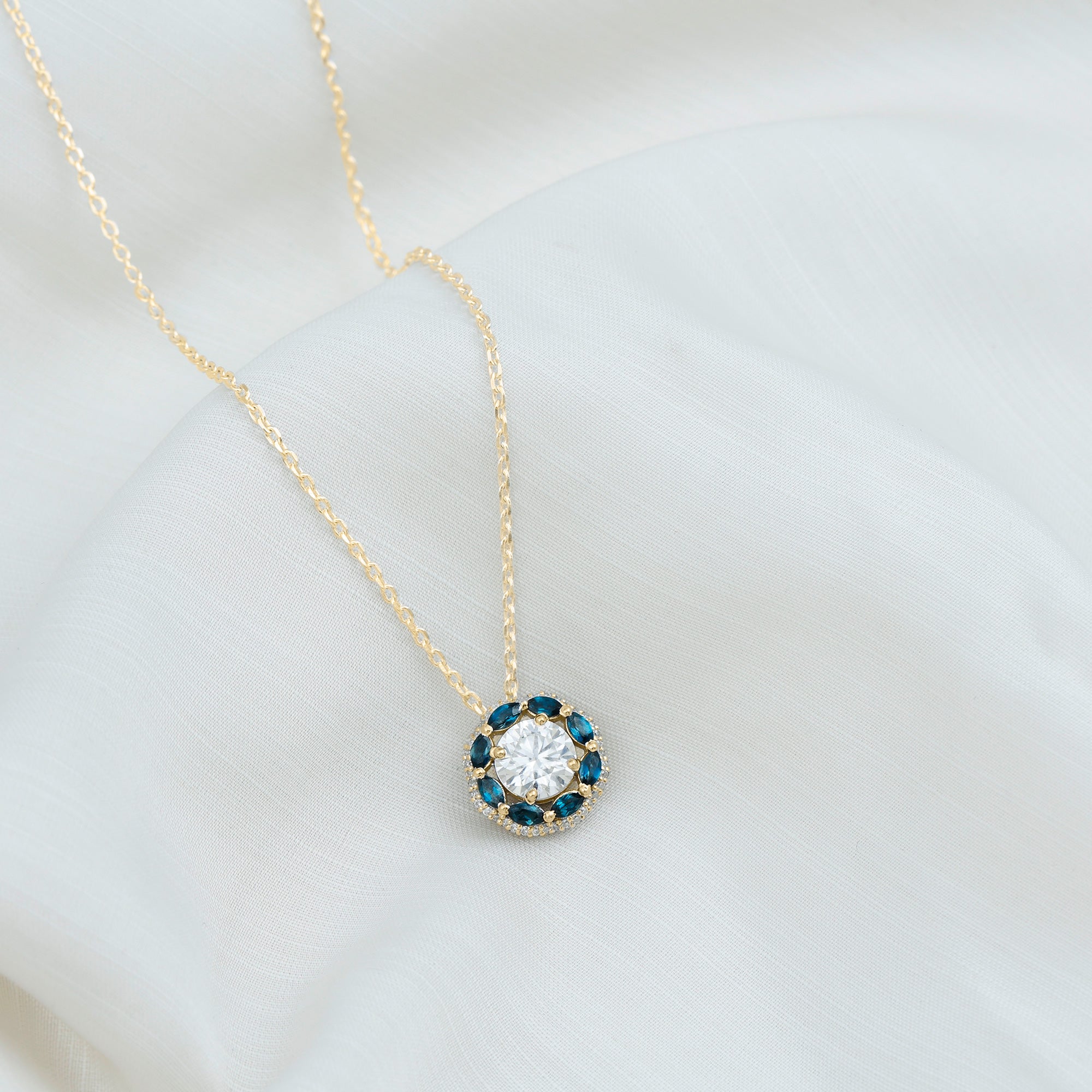 2 Carat Lab Grown Diamond Halo Necklace With London Blue Topaz Lab - ( EF-VS ) - Rosec Jewels