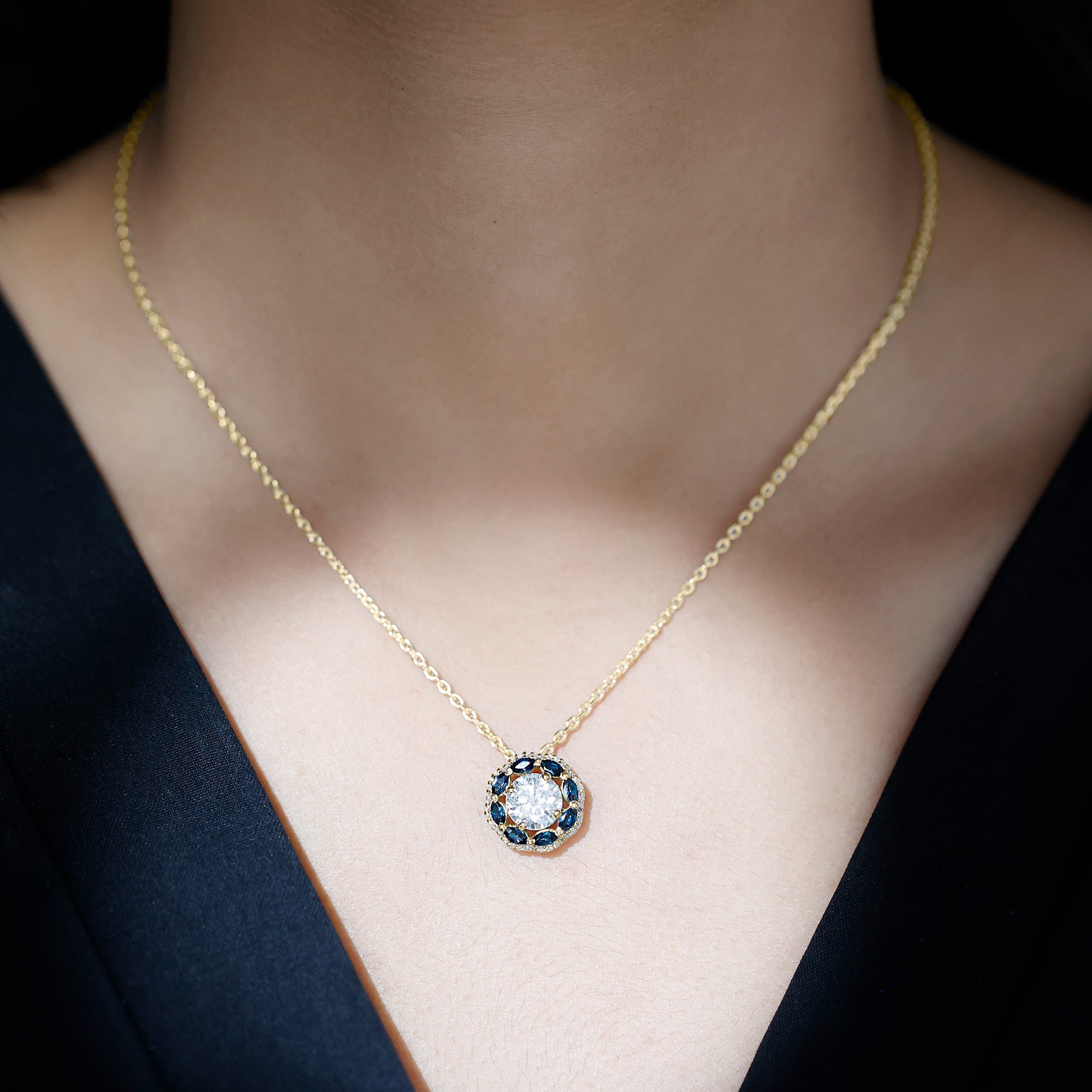 2 Carat Lab Grown Diamond Halo Necklace With London Blue Topaz Lab - ( EF-VS ) - Rosec Jewels