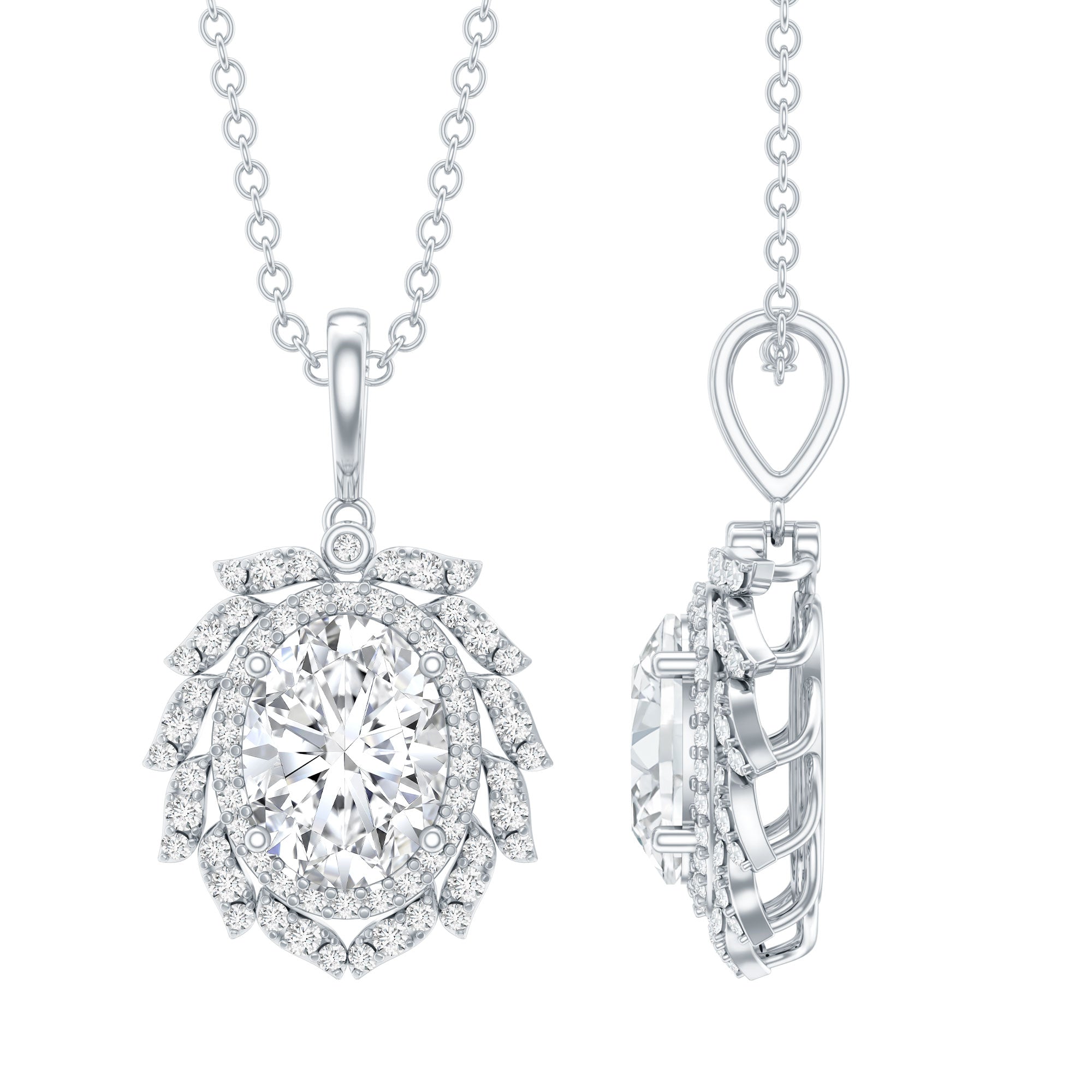 6X8 MM Oval Lab Grown Diamond Vintage Necklace With Double Halo