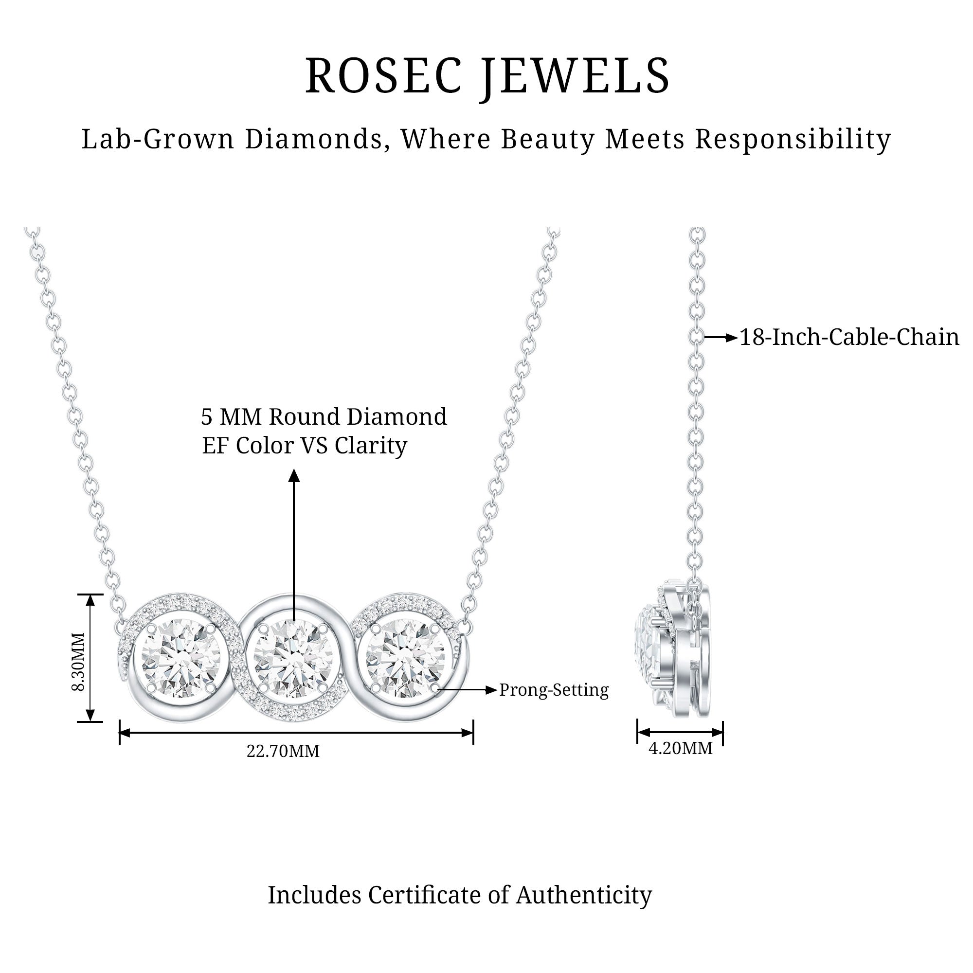 Certified Lab Grown Diamond 3 Stone Necklace For Her Lab - ( EF-VS ) - Rosec Jewels