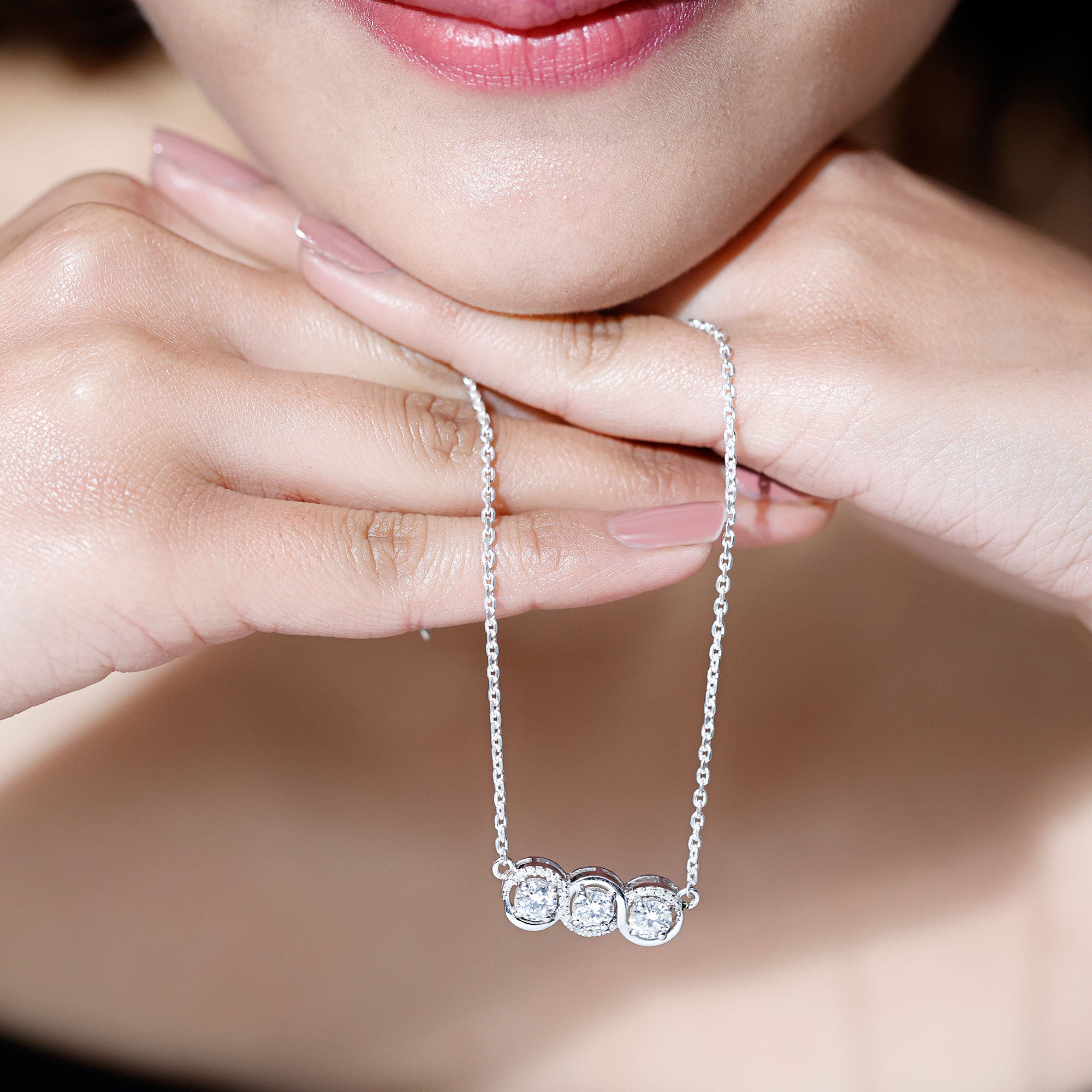 Certified Lab Grown Diamond 3 Stone Necklace For Her Lab - ( EF-VS ) - Rosec Jewels
