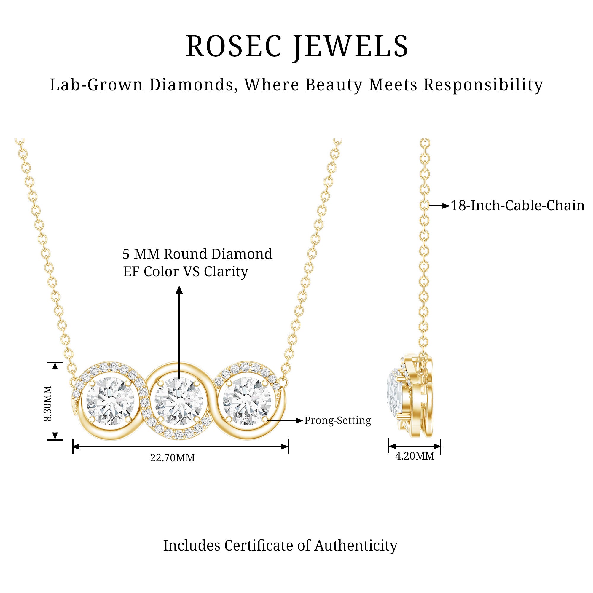 Certified Lab Grown Diamond 3 Stone Necklace For Her Lab - ( EF-VS ) - Rosec Jewels