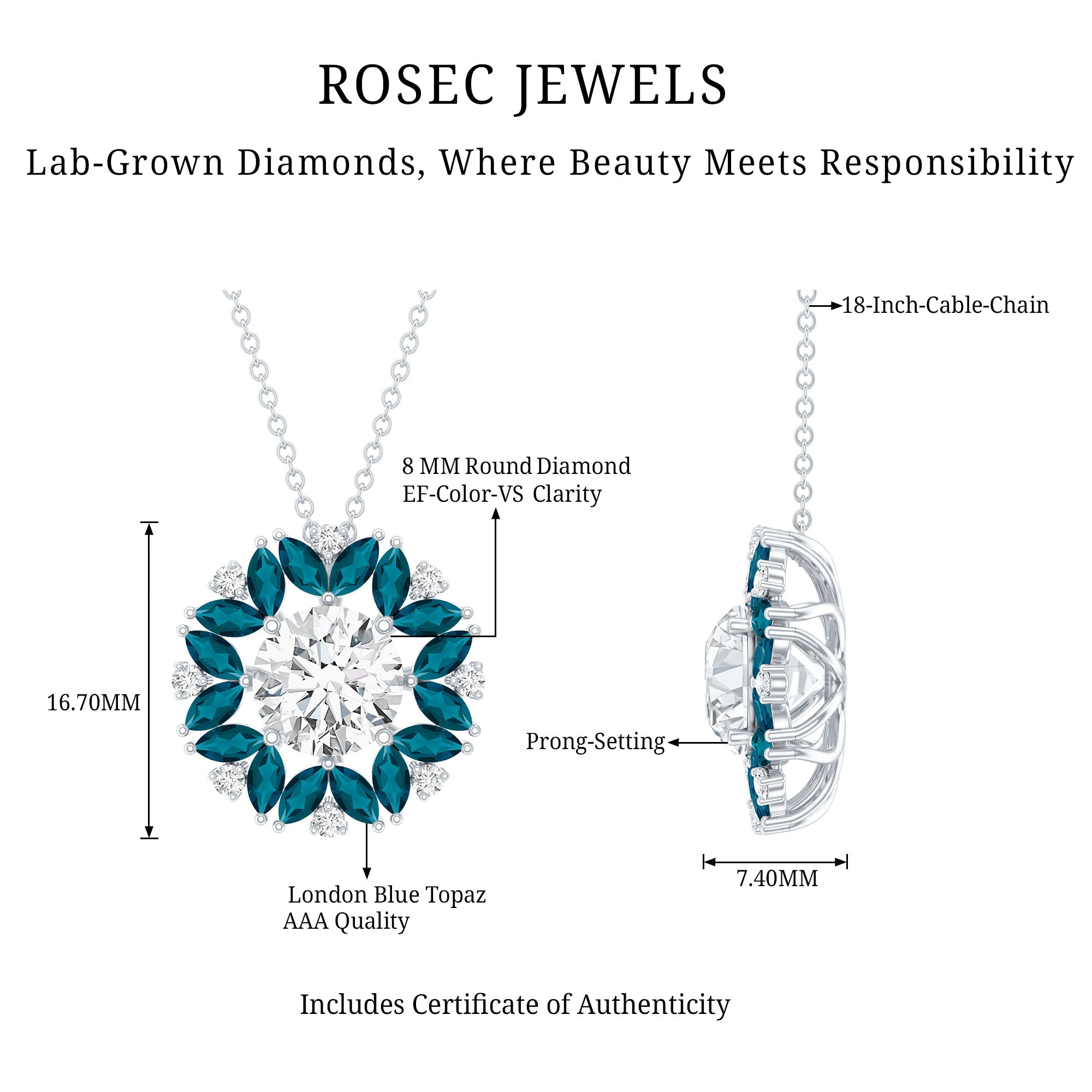 2 Carat Lab Grown Diamond Cocktail Necklace With London Blue Topaz Lab - ( EF-VS ) - Rosec Jewels