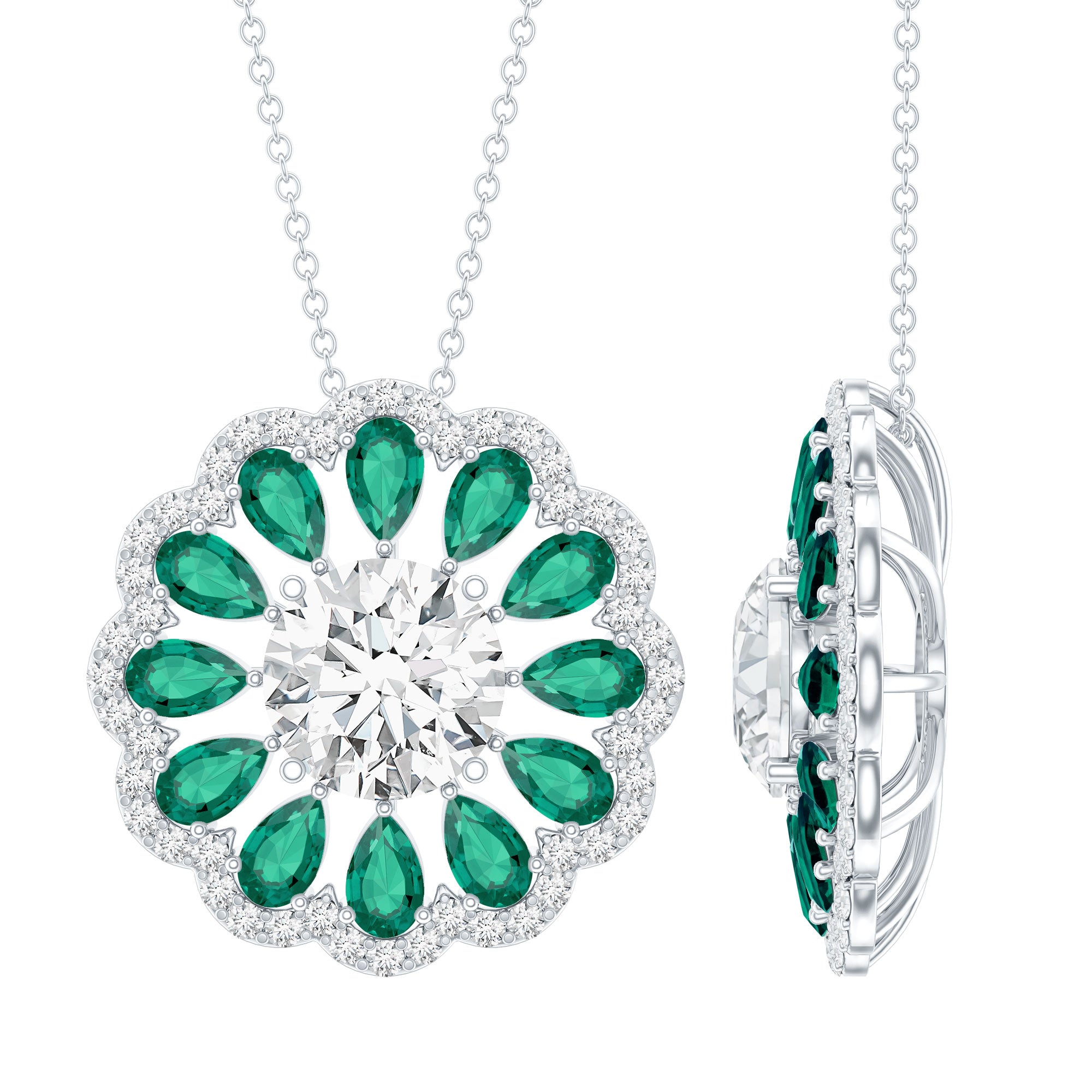 9 MM Lab Grown Diamond Flower Bridal Necklace With Emerald