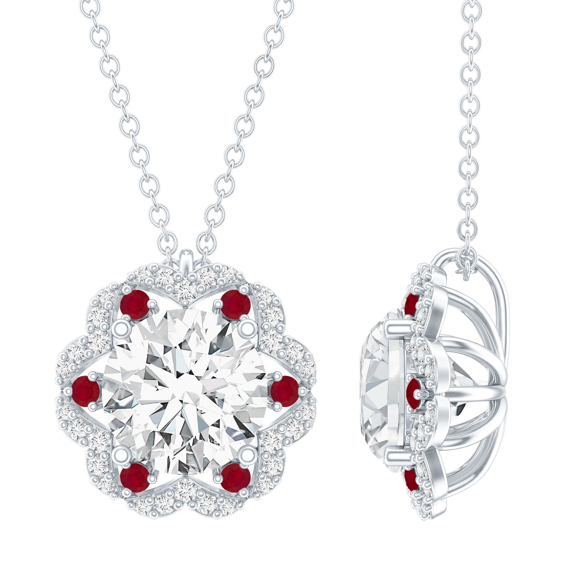 2 Carat Lab Grown Diamond Flower Statement Necklace With Ruby Lab - ( EF-VS ) - Rosec Jewels