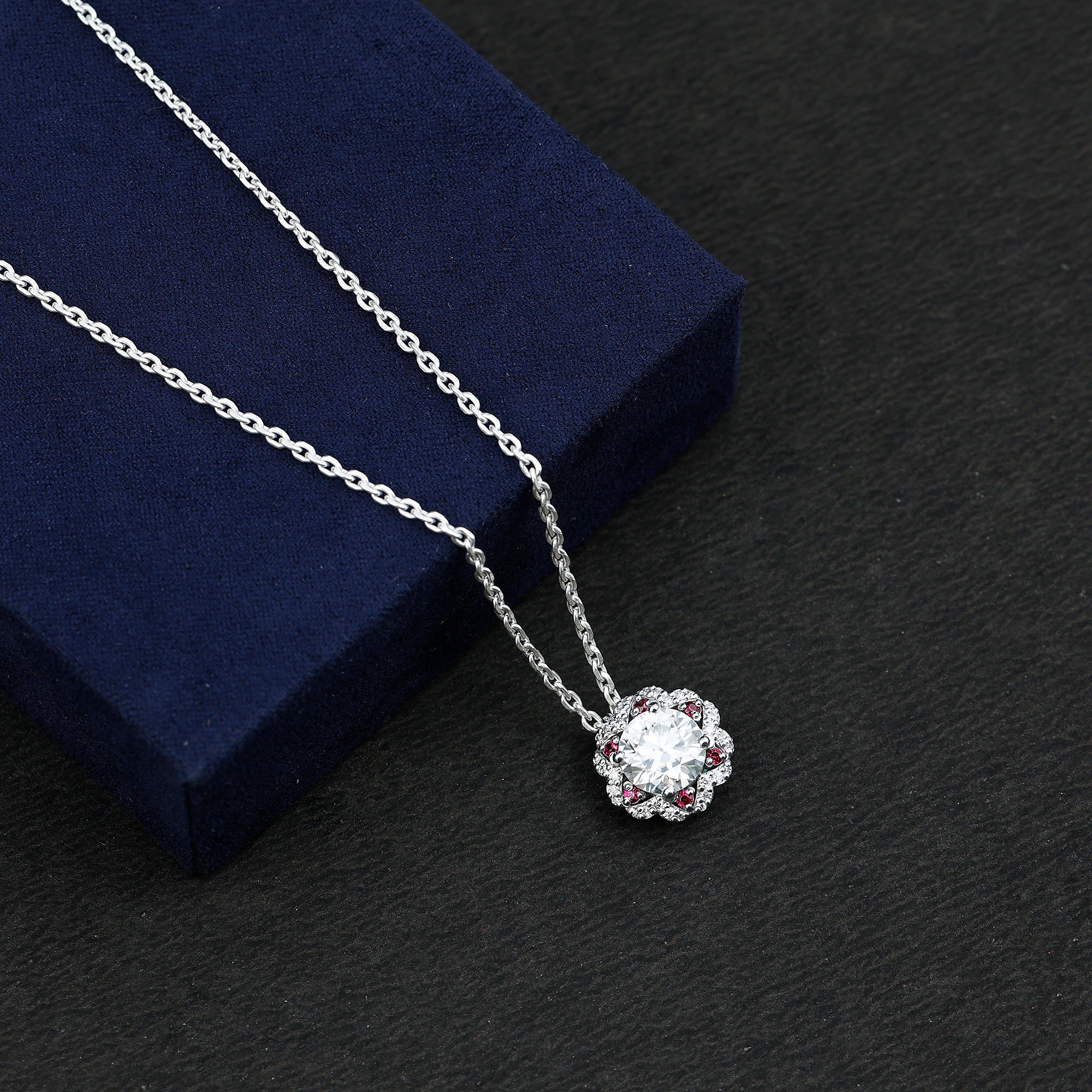 2 Carat Lab Grown Diamond Flower Statement Necklace With Ruby Lab - ( EF-VS ) - Rosec Jewels