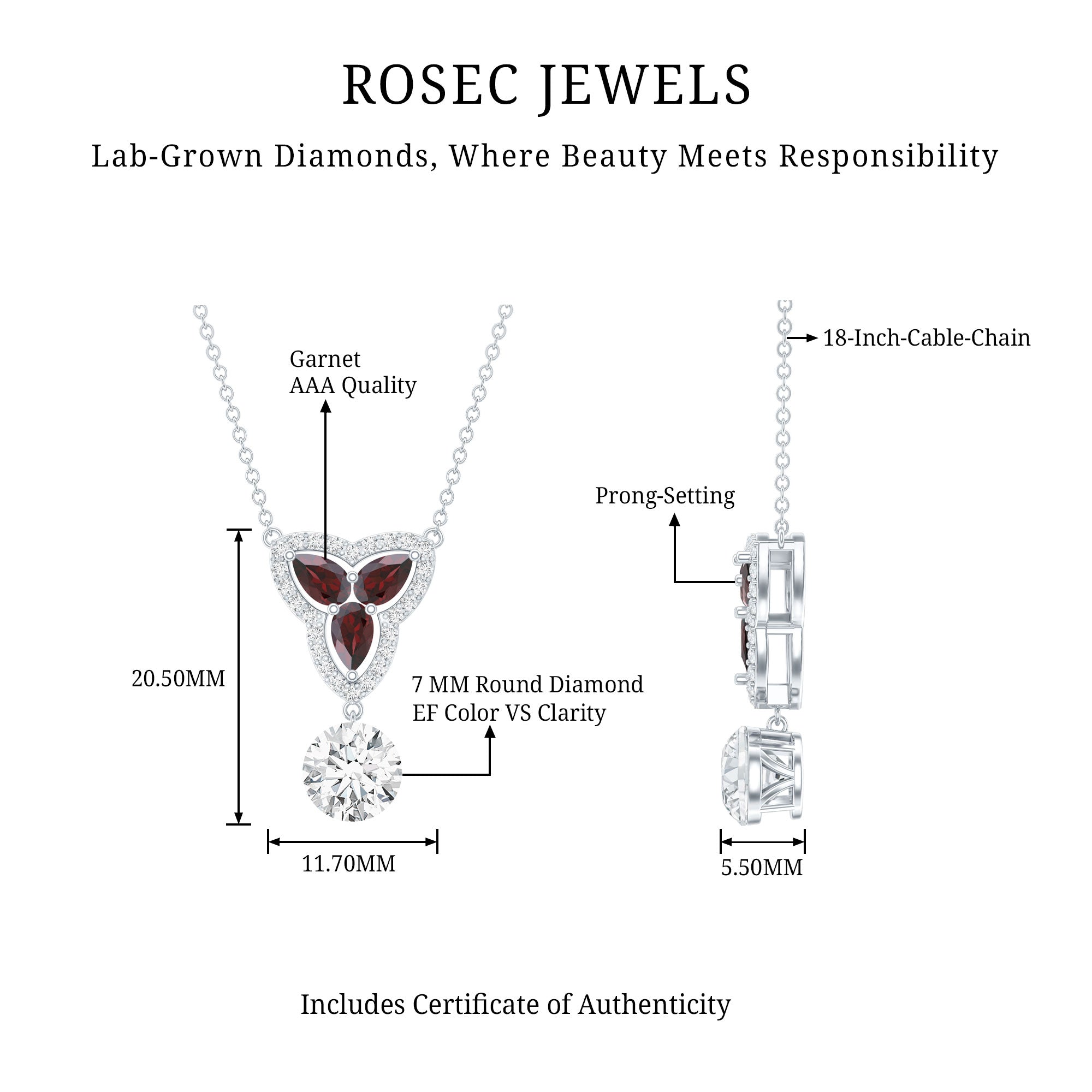 1 Carat Lab Grown Diamond Dangle Necklace With Garnet Lab - ( EF-VS ) - Rosec Jewels