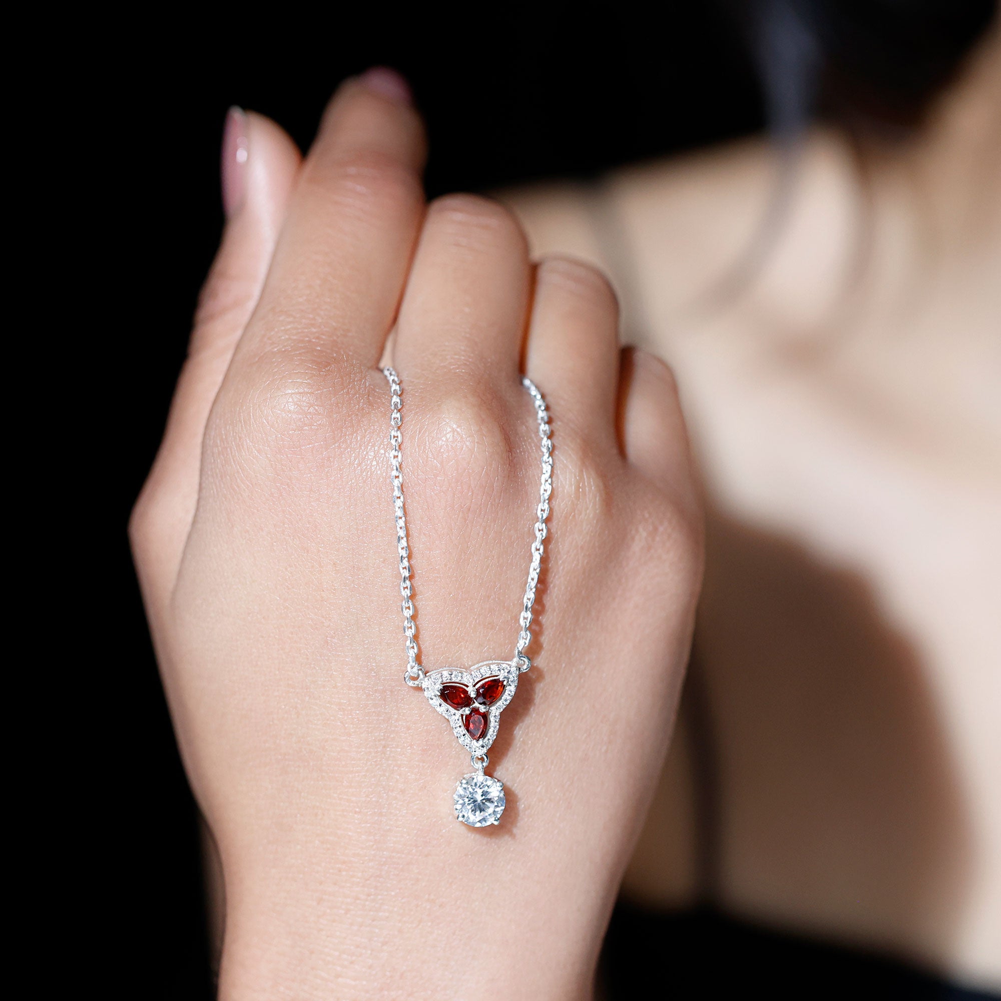 1 Carat Lab Grown Diamond Dangle Necklace With Garnet Lab - ( EF-VS ) - Rosec Jewels