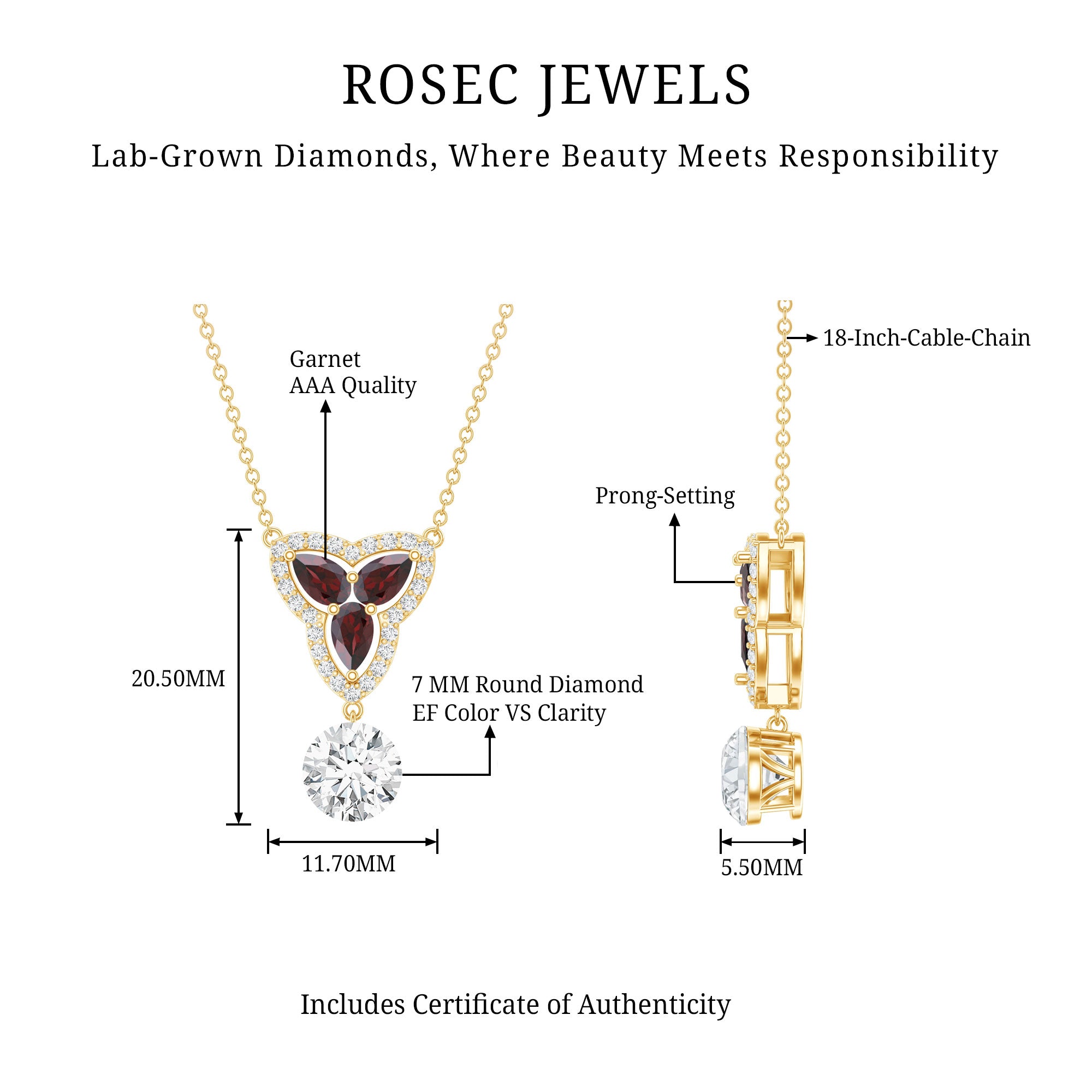1 Carat Lab Grown Diamond Dangle Necklace With Garnet Lab - ( EF-VS ) - Rosec Jewels