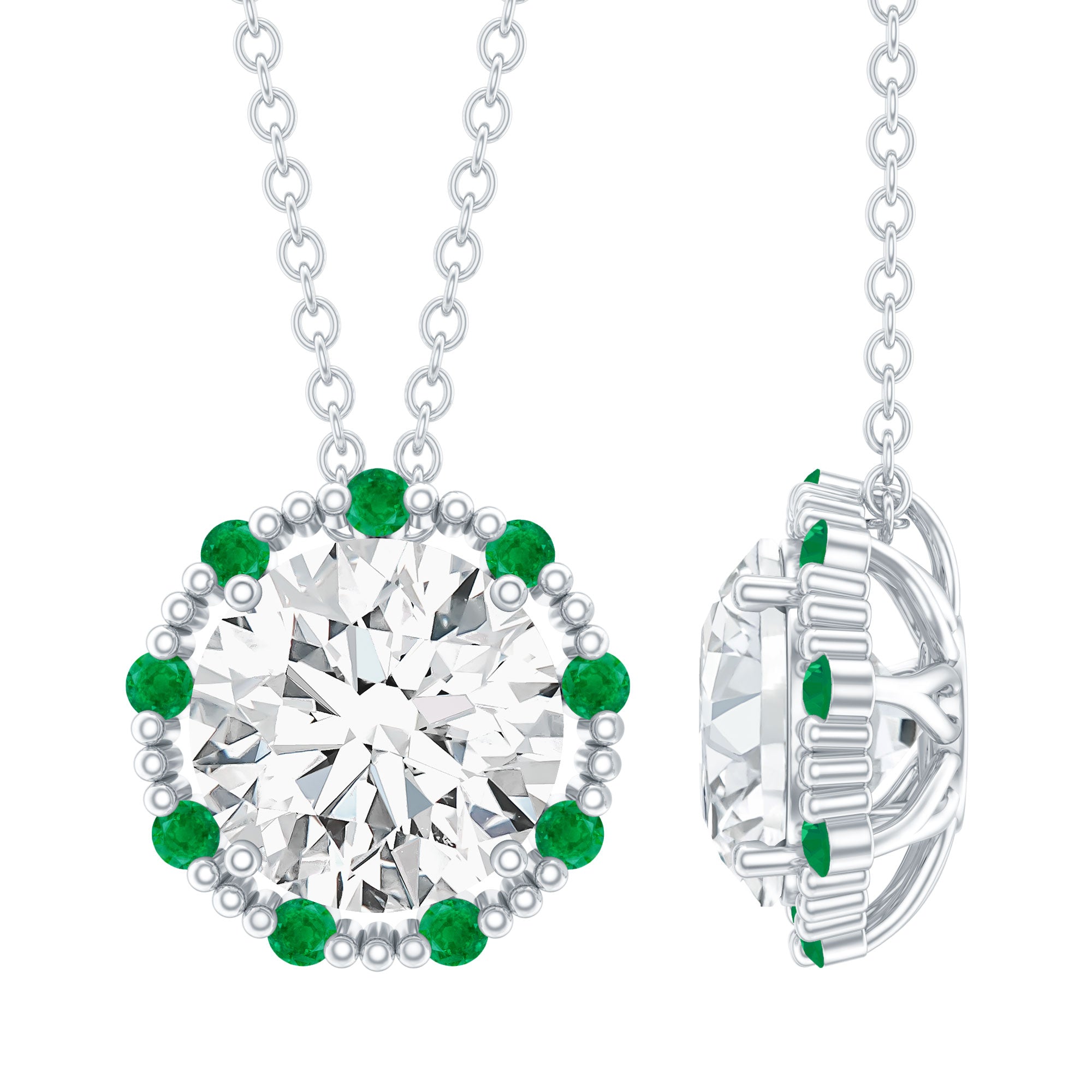 Certified Lab 8 MM Round Diamond Halo Necklace With Emerald Lab - ( EF-VS ) - Rosec Jewels