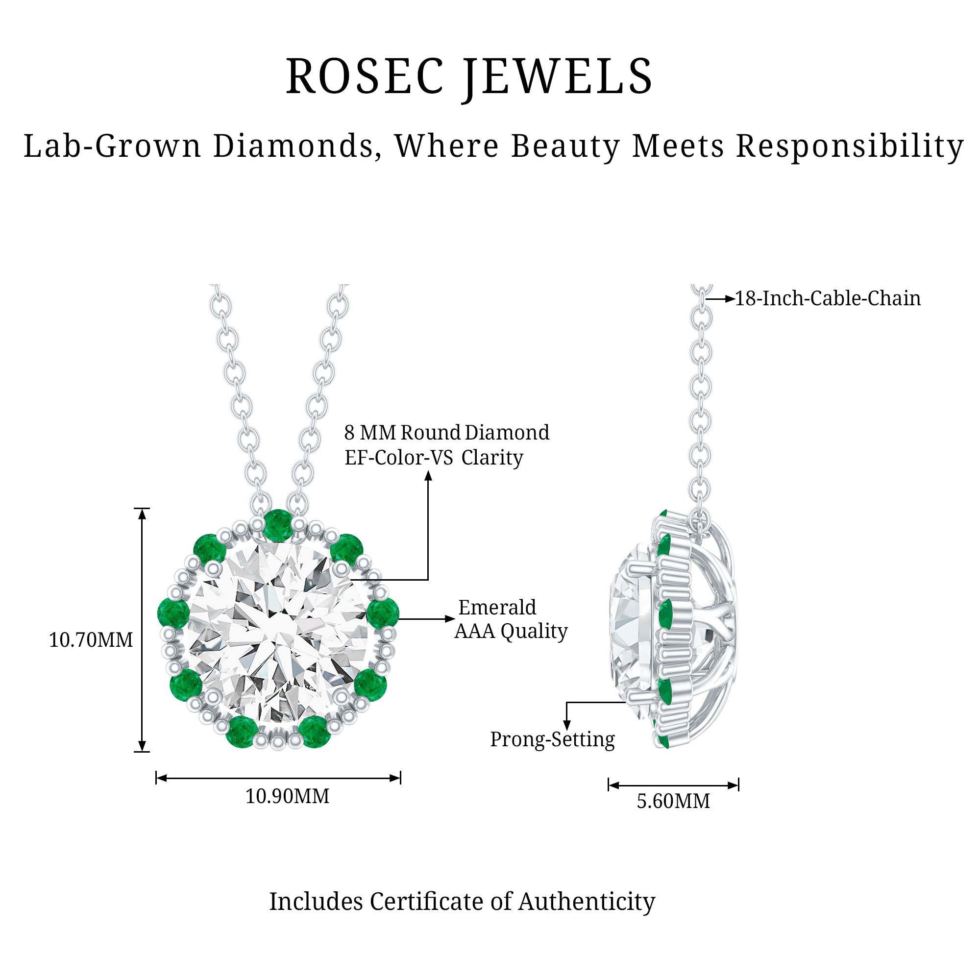 Certified Lab 8 MM Round Diamond Halo Necklace With Emerald Lab - ( EF-VS ) - Rosec Jewels