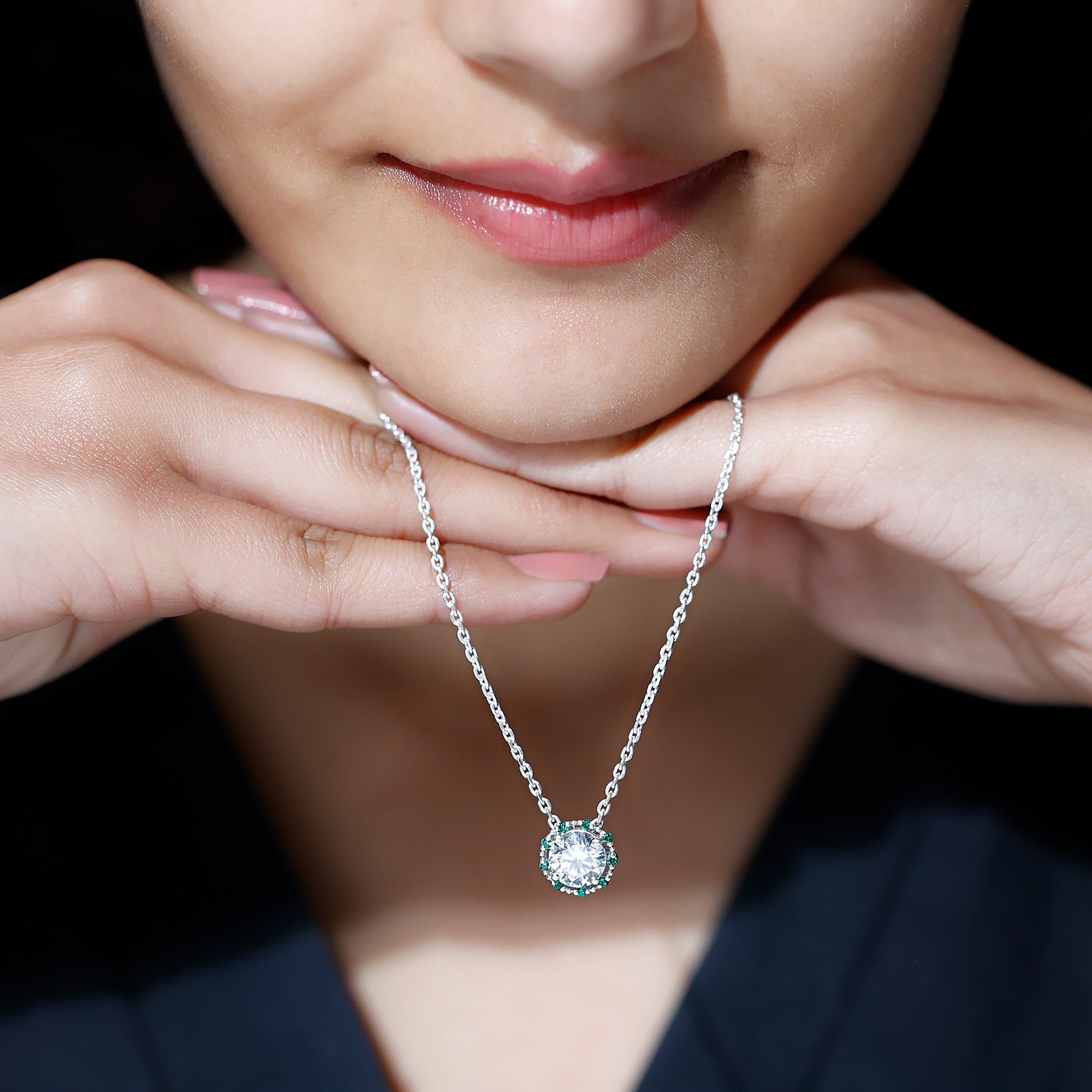 Certified Lab 8 MM Round Diamond Halo Necklace With Emerald Lab - ( EF-VS ) - Rosec Jewels