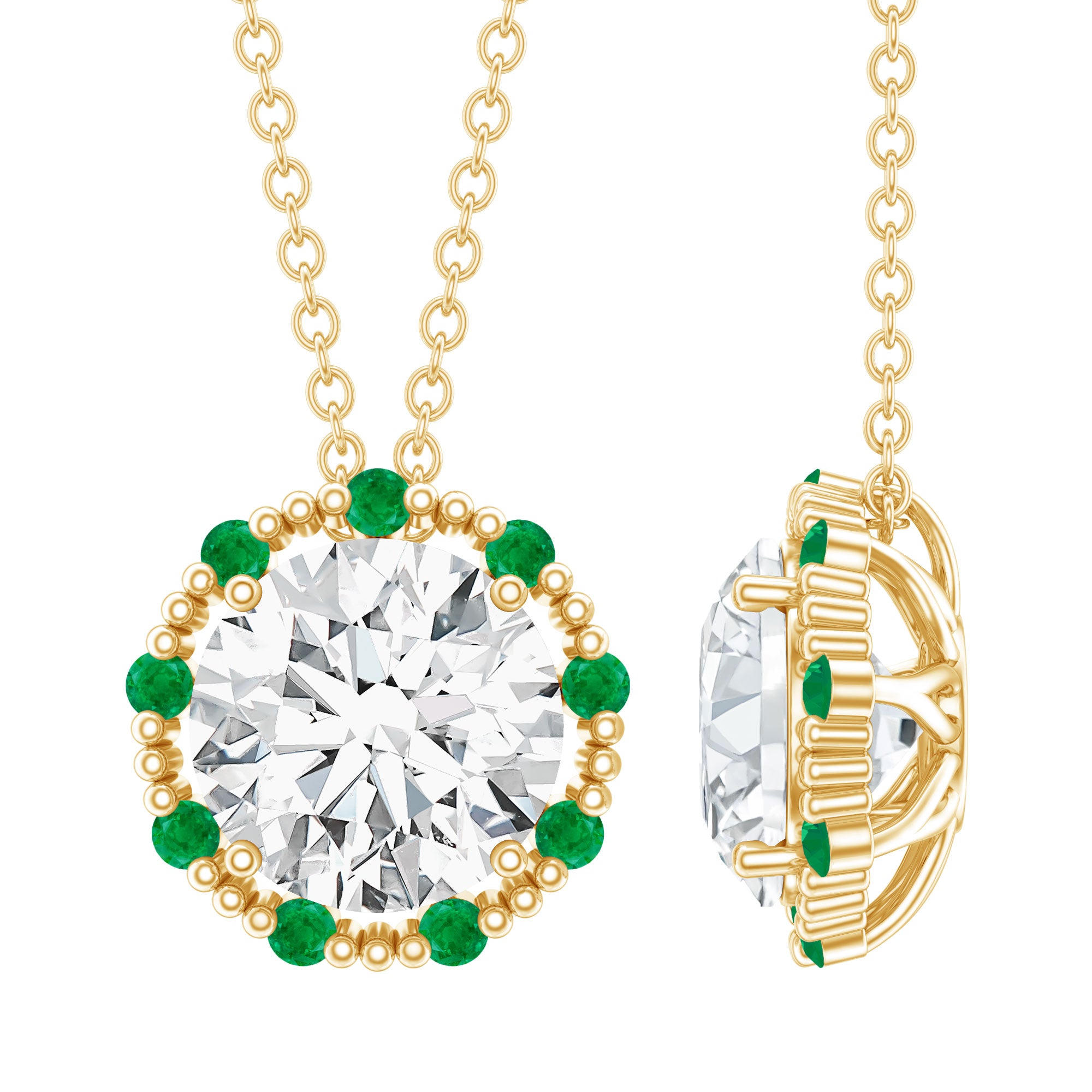 Certified Lab 8 MM Round Diamond Halo Necklace With Emerald Lab - ( EF-VS ) - Rosec Jewels