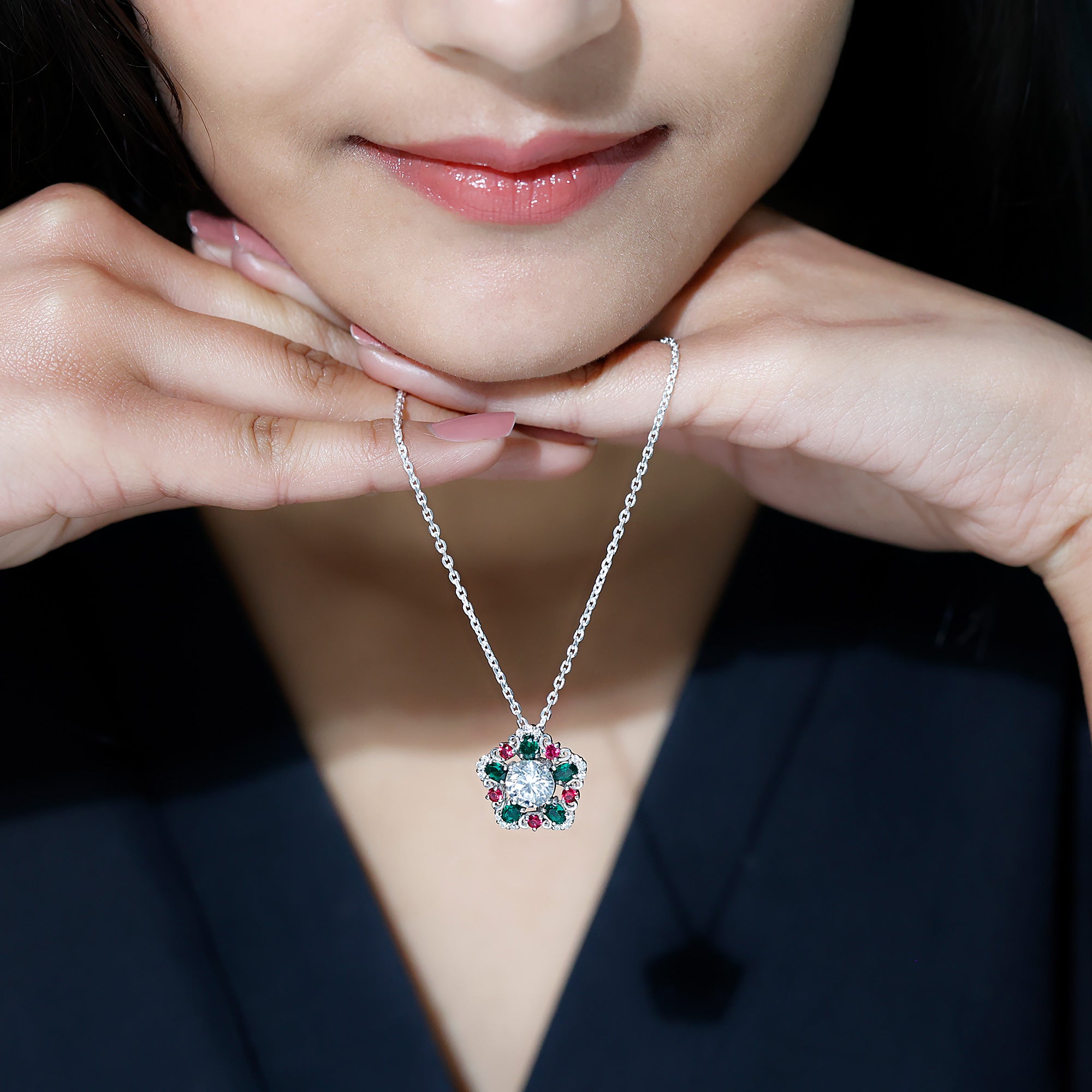 Lab Grown Diamond Cocktail Necklace With Emerald Ruby Lab - ( EF-VS ) - Rosec Jewels