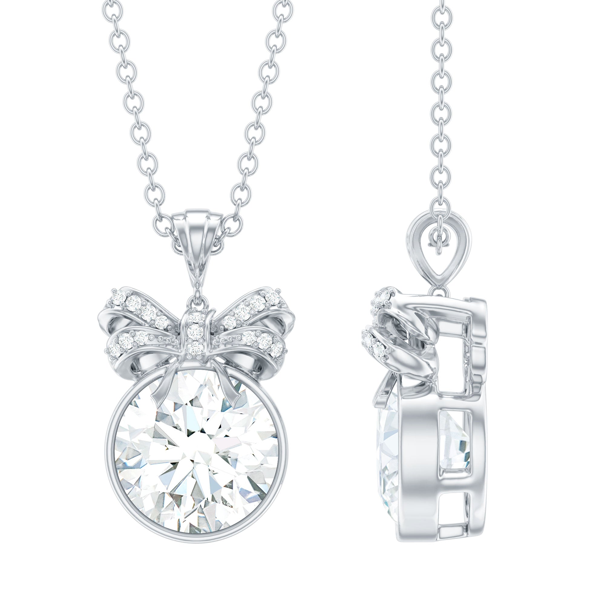 Bezel Set Lab Grown Diamond Solitaire Necklace With Cute Bow